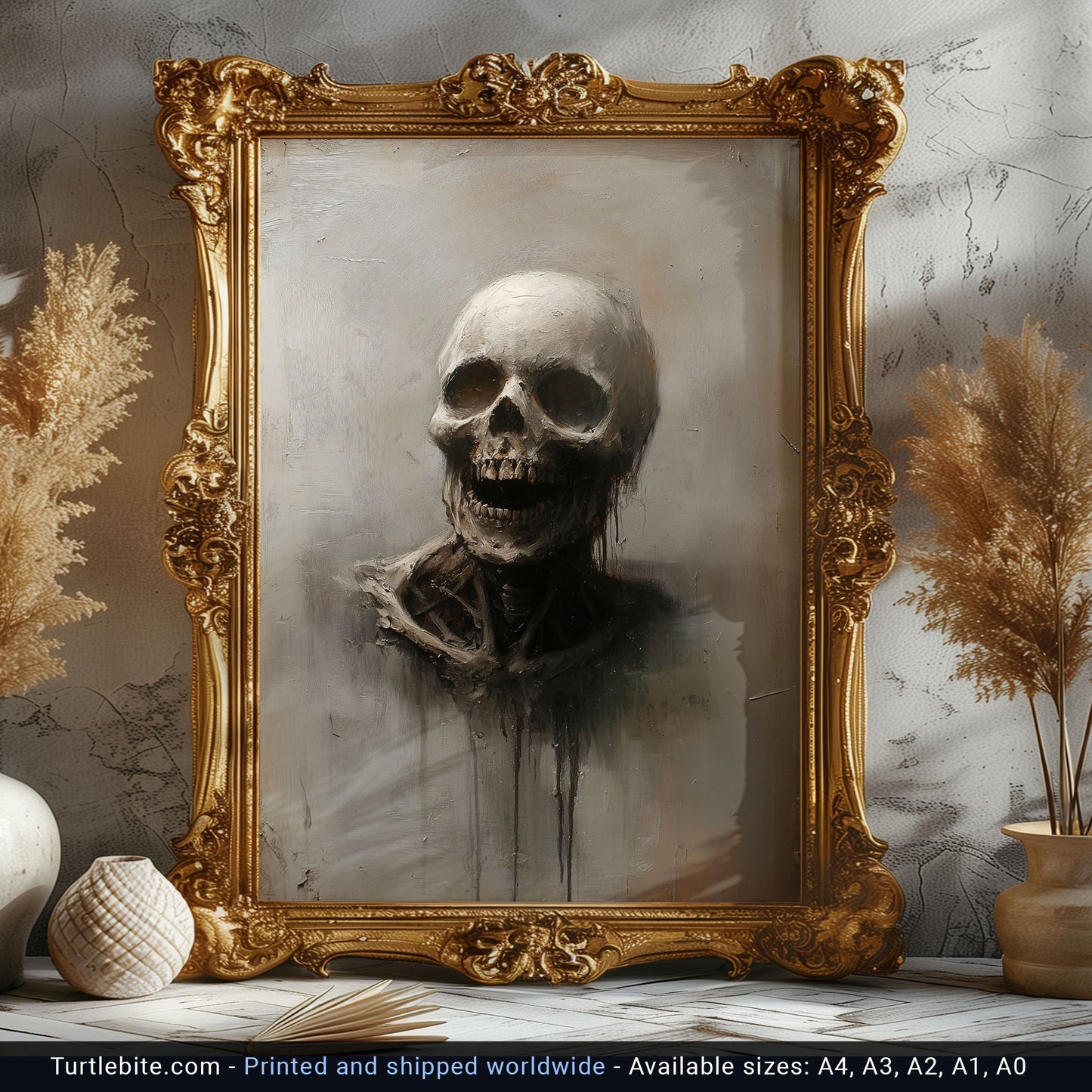 Skull Portrait Oil Painting Poster,  Spooky Wall Art for Creepy Art Lovers