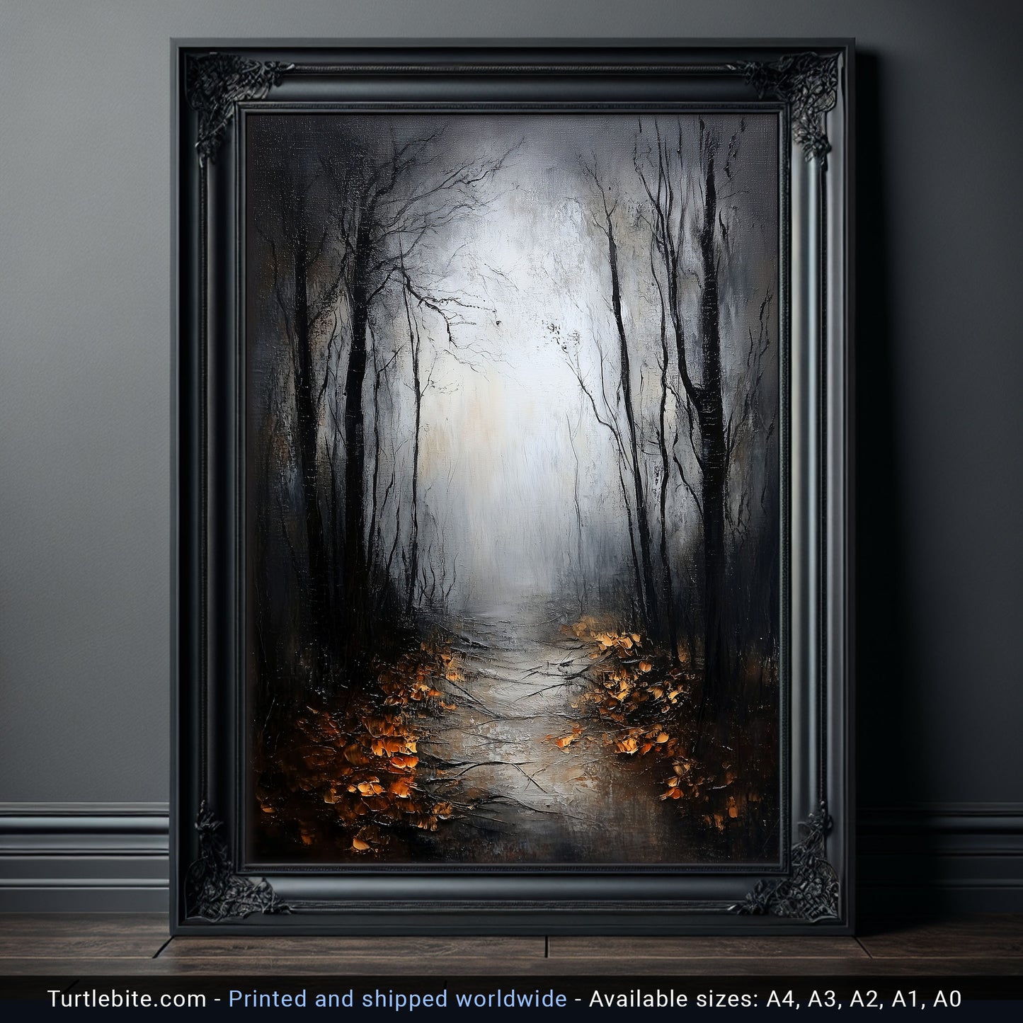Misty forest path painting: textured art depicting bare trees, autumn leaves, and a glowing fog, creating an ethereal woodland scene.