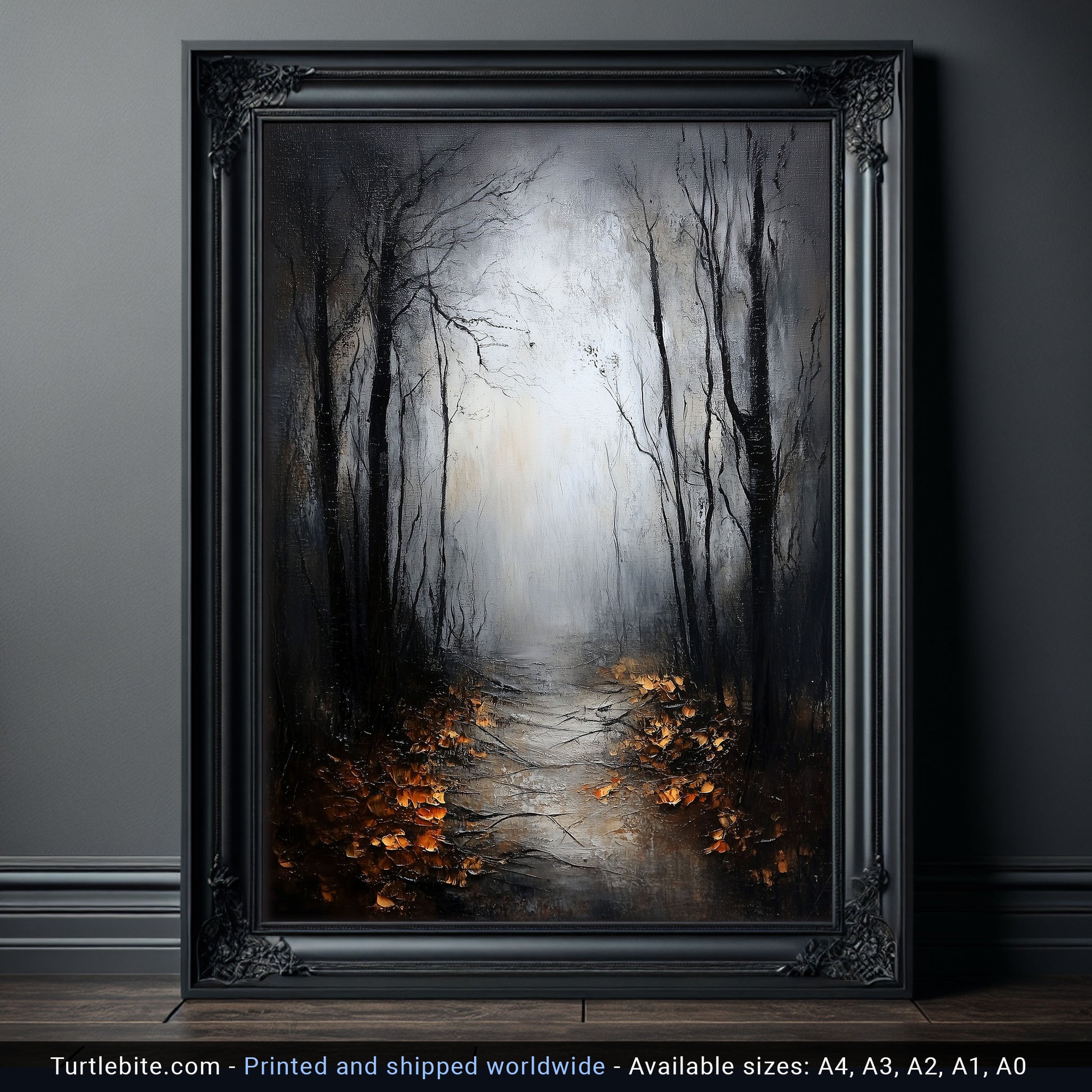 Misty forest path painting: textured art depicting bare trees, autumn leaves, and a glowing fog, creating an ethereal woodland scene.
