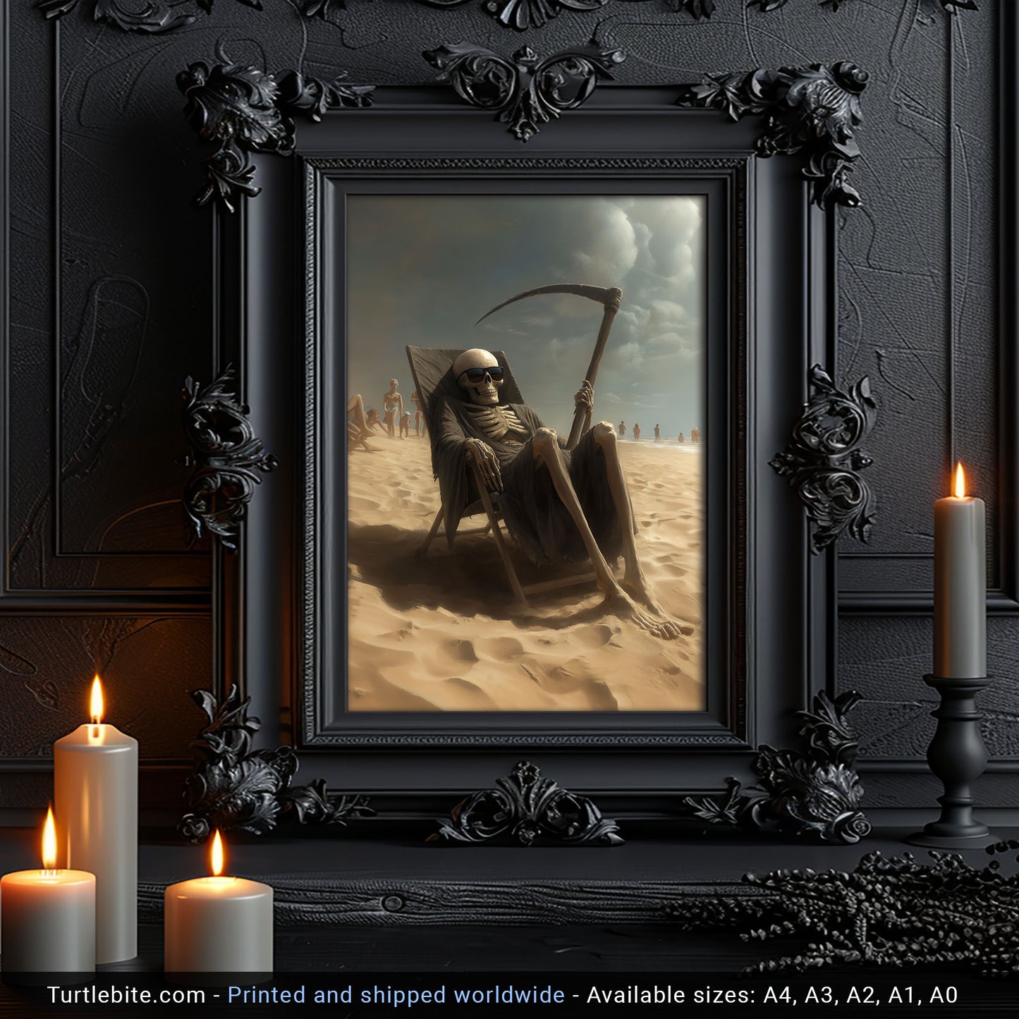 Grim Reaper on Holiday Painting Print, Dark Skeleton Wall Art, Moody Skull Poster