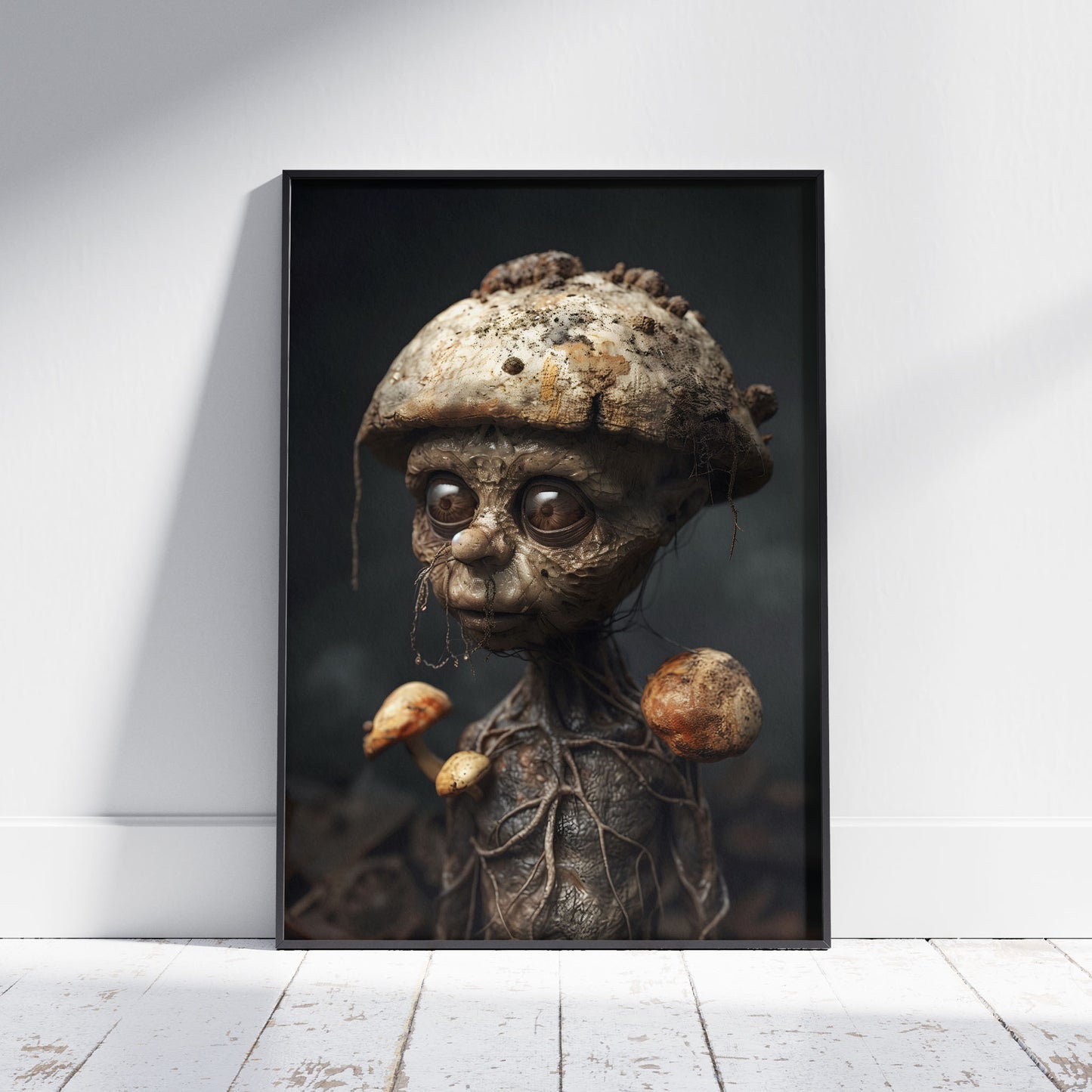 Creepy Cute Botanical Print - Little Mushroom Man in Dark Forest Poster