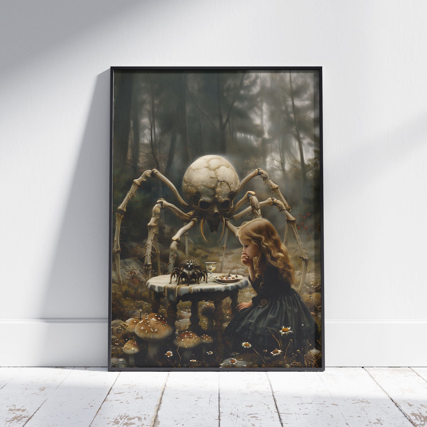 Macabre Poster of Little Girl having Dinner with Skeletal Spider