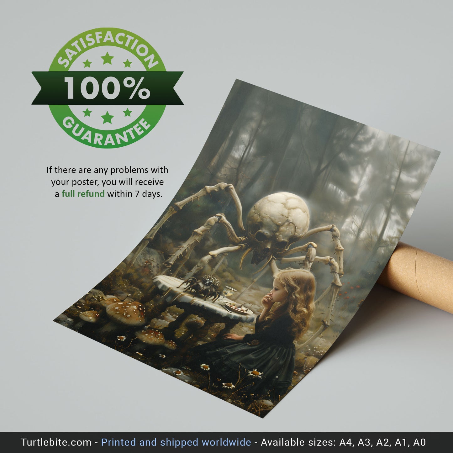 Macabre Poster of Little Girl having Dinner with Skeletal Spider