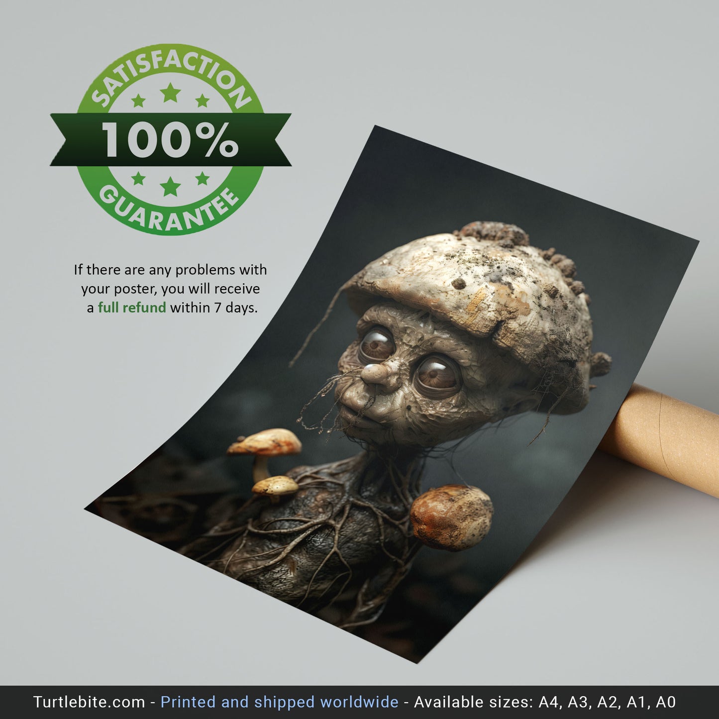 Creepy Cute Botanical Print - Little Mushroom Man in Dark Forest Poster