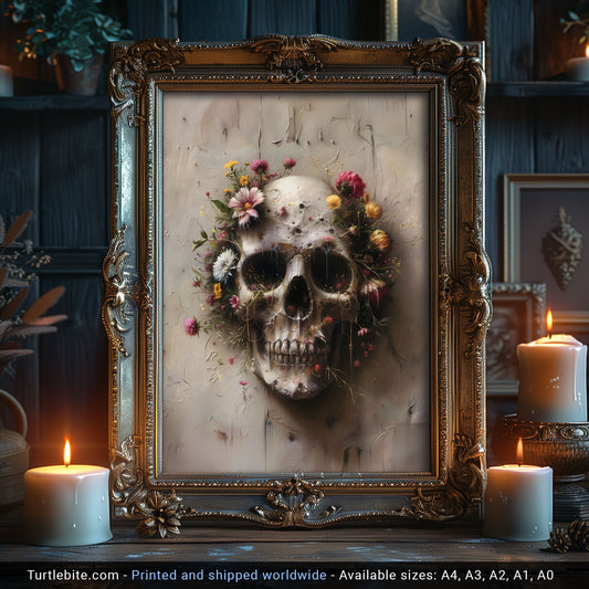 Creepy Gothic Floral Skull Painting - Dark Fine Art Poster Print