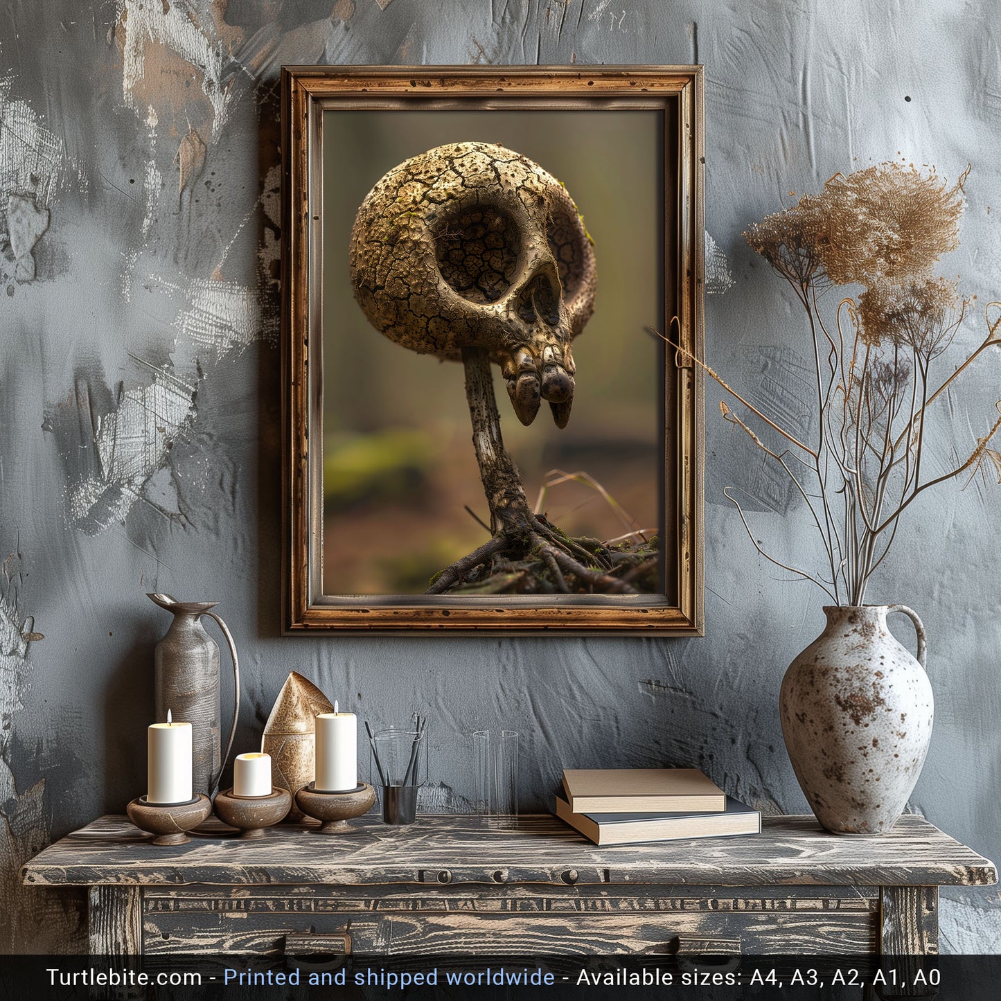 Whimsical Mushroom Skull Poster - Creepy Cute Botanical Print - Floral Dark Wall Art