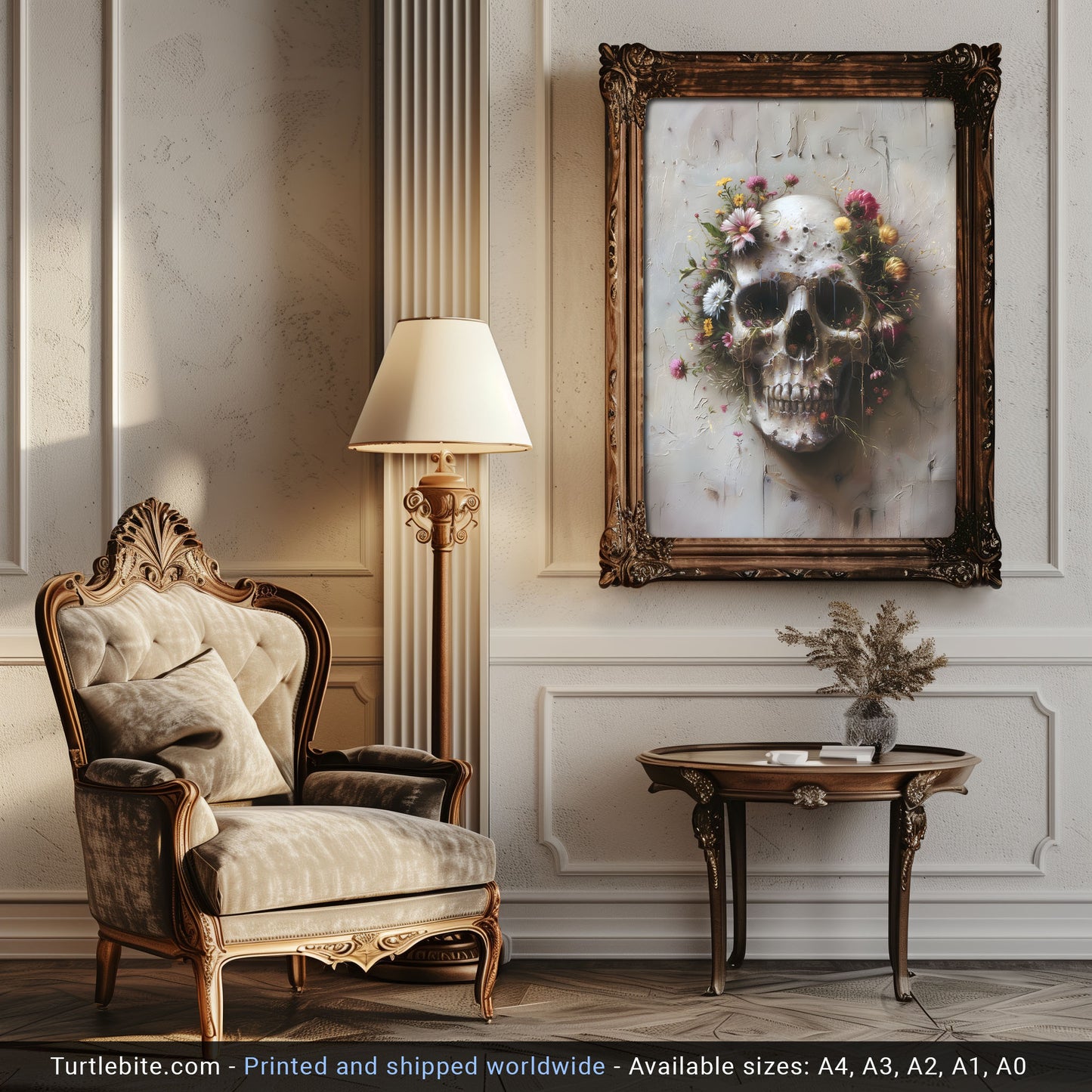 Creepy Gothic Floral Skull Painting - Dark Fine Art Poster Print