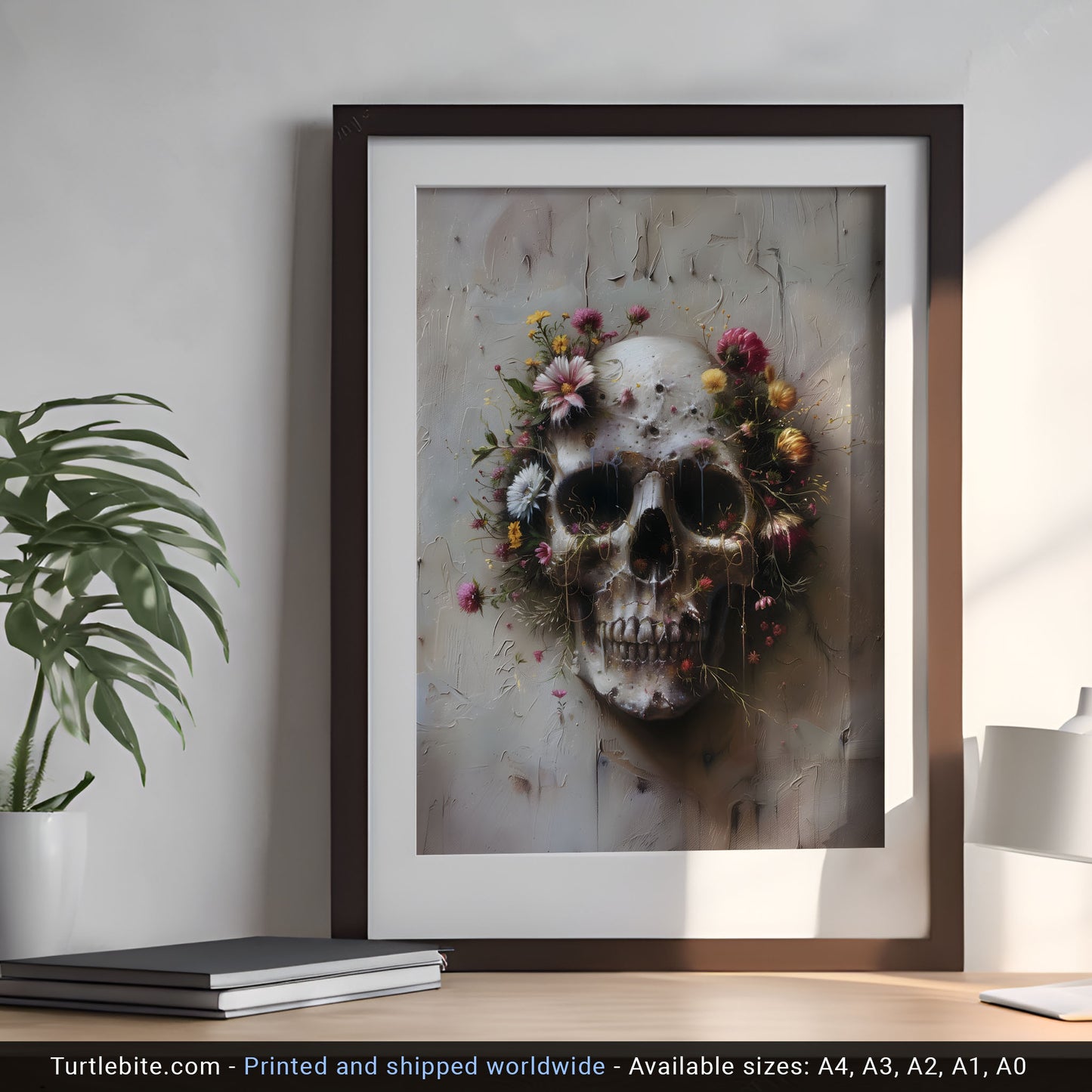 Creepy Gothic Floral Skull Painting - Dark Fine Art Poster Print