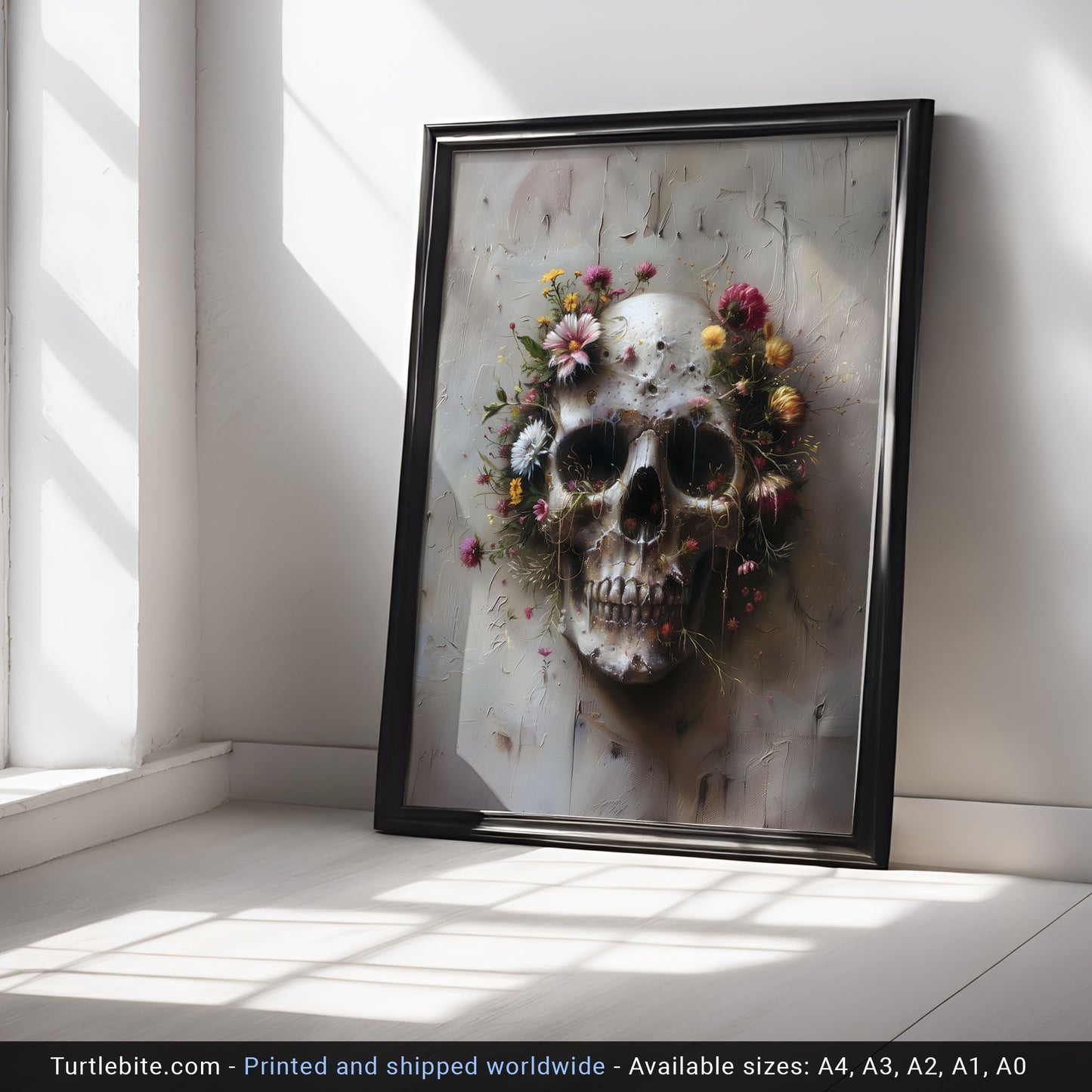 Creepy Gothic Floral Skull Painting - Dark Fine Art Poster Print