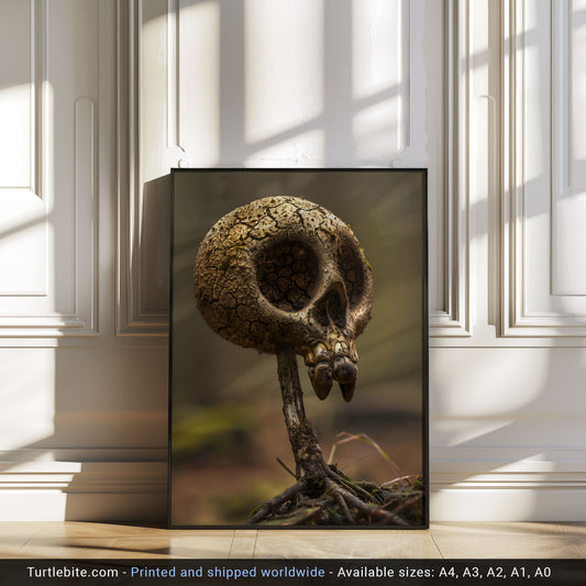 Whimsical Mushroom Skull Poster - Creepy Cute Botanical Print - Floral Dark Wall Art