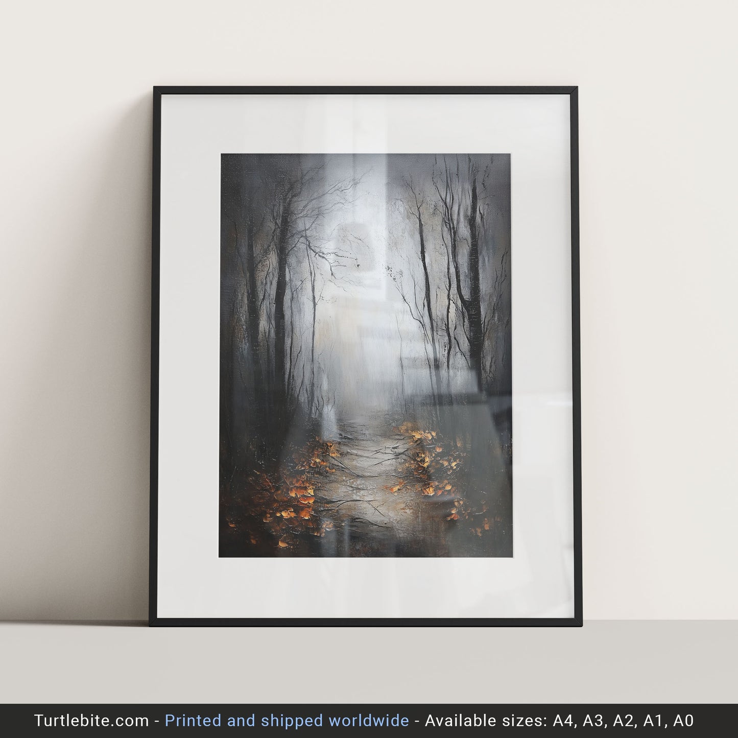Dark Forest Wall Art Poster Print with Mysterious Foggy Path and Autumn Leaves