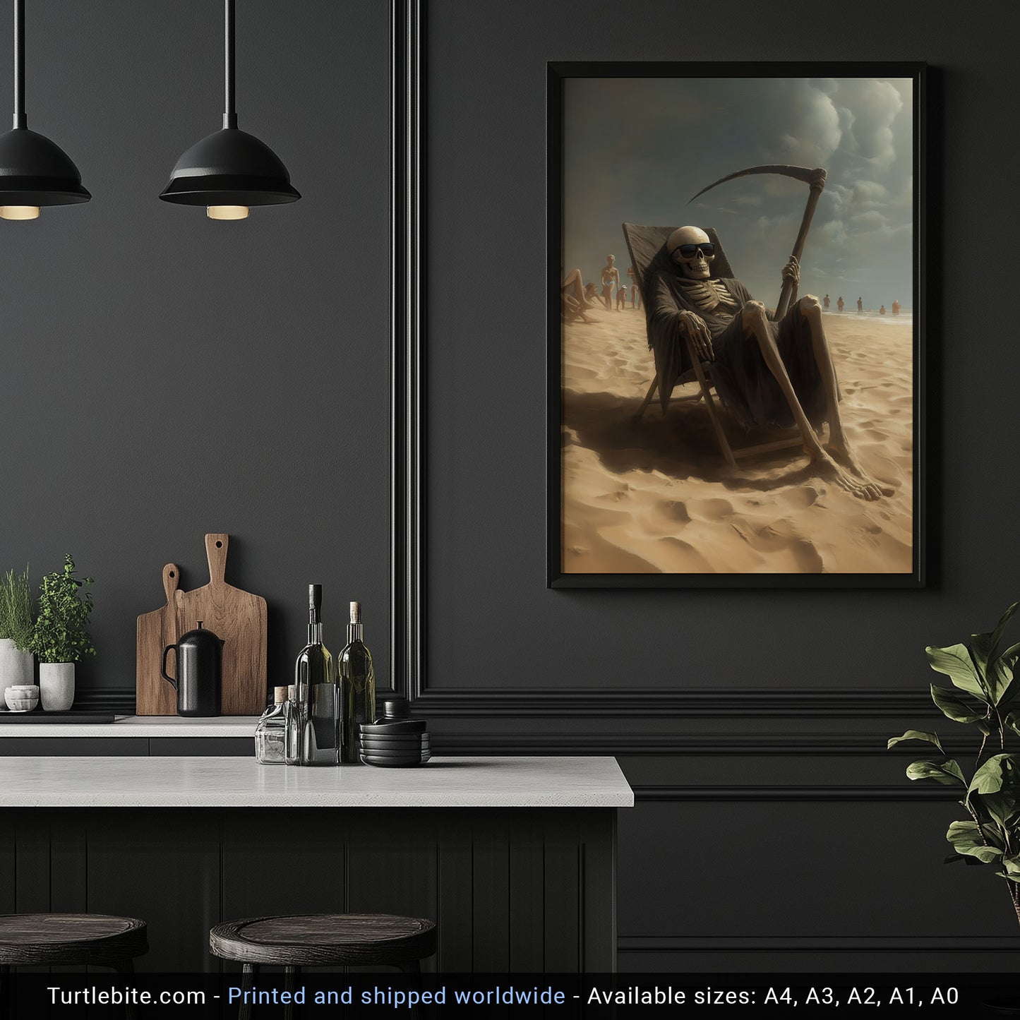 Grim Reaper on Holiday Painting Print, Dark Skeleton Wall Art, Moody Skull Poster