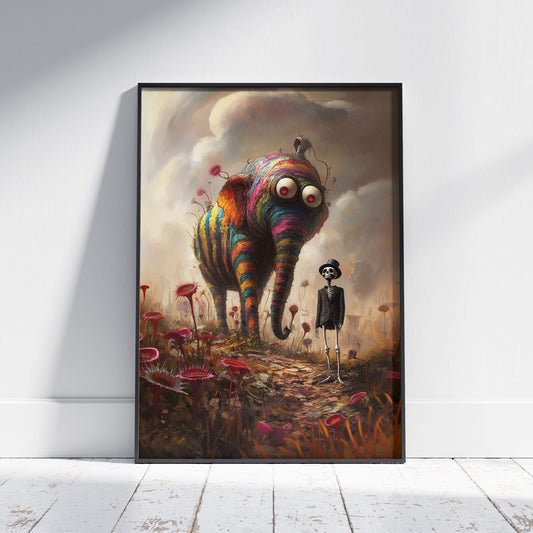 Whimsical Surreal Poster Featuring a Rainbow Elephant and Skeleton in a Fantasy World