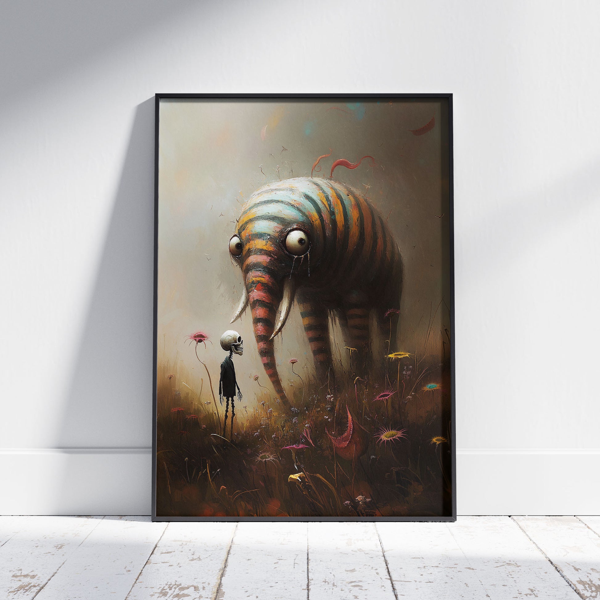 A surrealist painting of a large, striped elephant-like creature with big, googly eyes looking down at a small skeleton wearing a black suit. They stand in a field of strange, colorful flowers under a hazy, painterly sky.