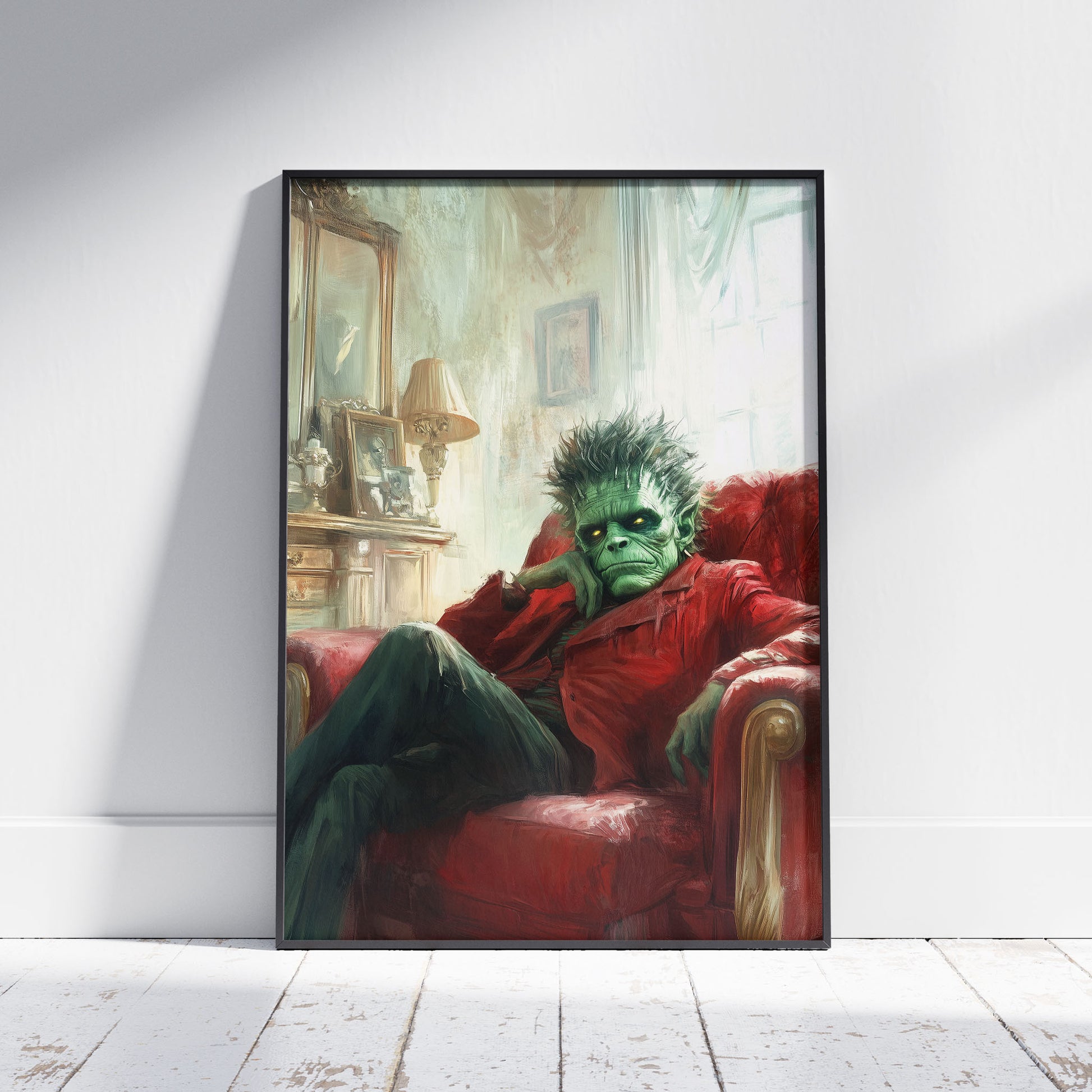 Frankenstein's monster, depicted with green skin and spiky dark hair, reclines thoughtfully in a plush red armchair, his chin resting on his hand, in a dimly lit, vintage-style room.