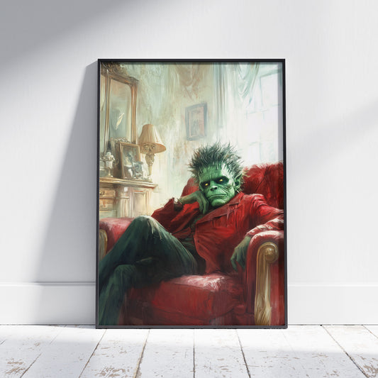 Frankenstein's monster, depicted with green skin and spiky dark hair, reclines thoughtfully in a plush red armchair, his chin resting on his hand, in a dimly lit, vintage-style room.