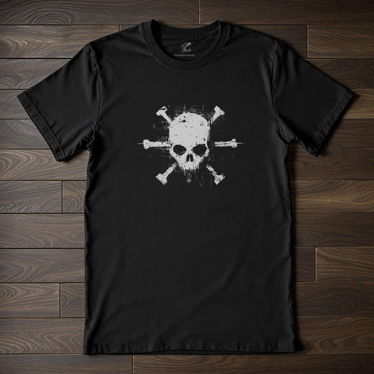 Black gothic skull and crossbones t-shirt with distressed grunge design