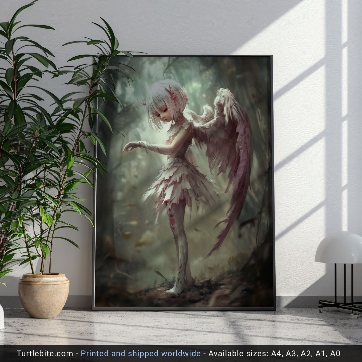 Fantasy art poster of ethereal angel figure in dark atmospheric background