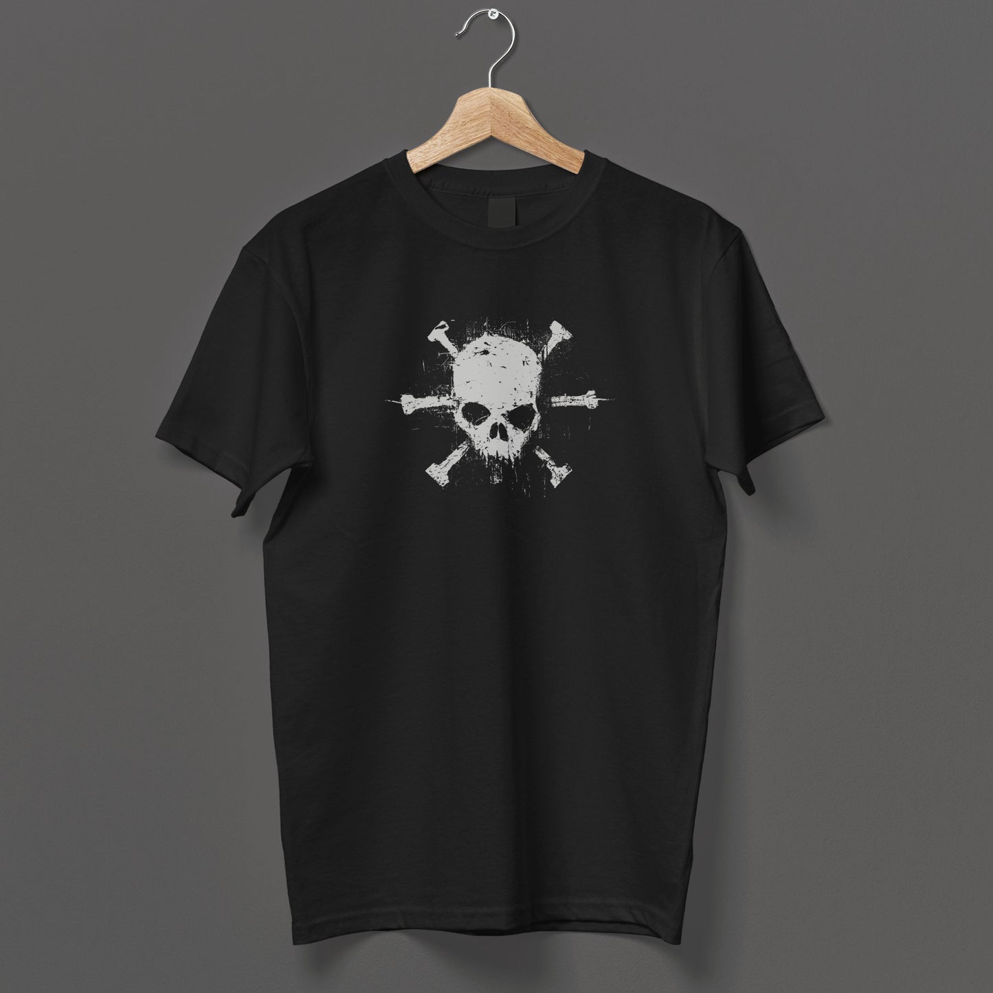 Edgy punk rock t-shirt displaying bold skull and crossbones artwork