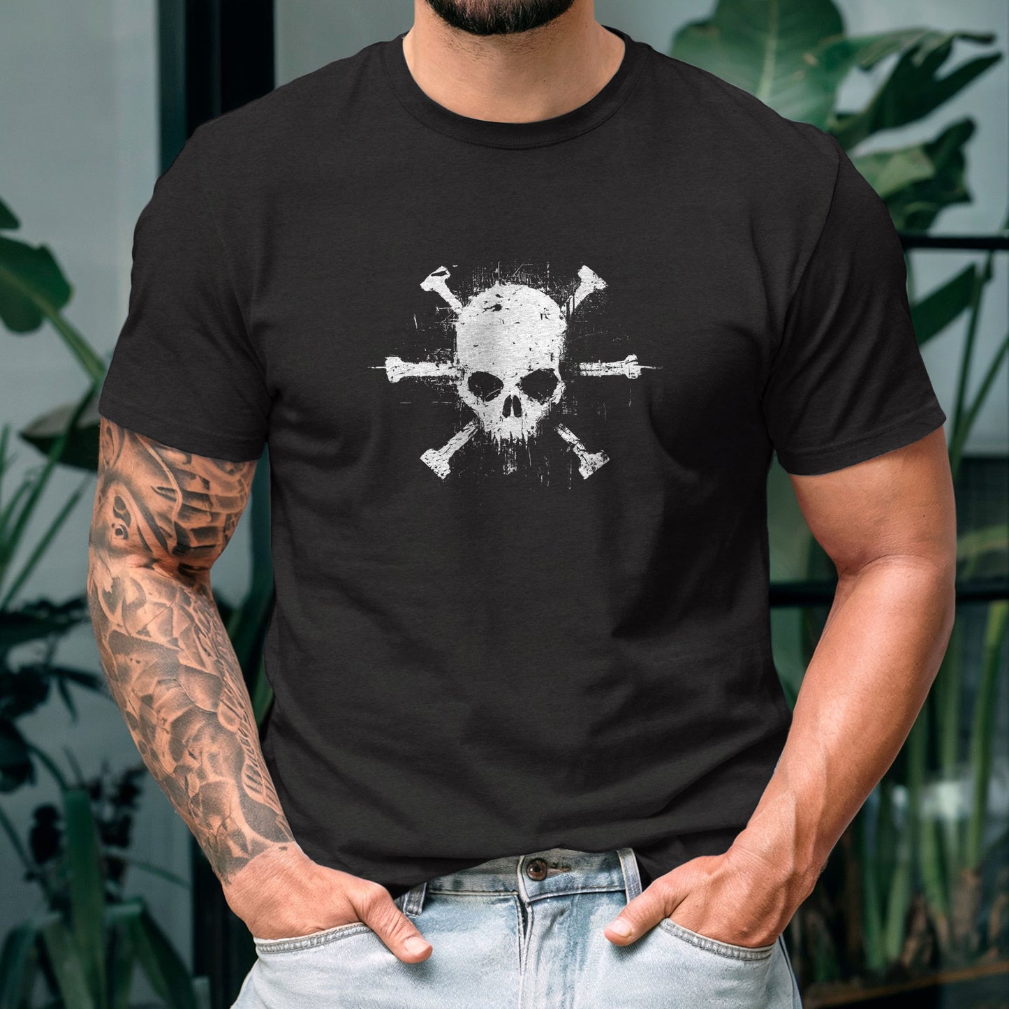 Alternative fashion skull shirt featuring weathered crossbones graphic