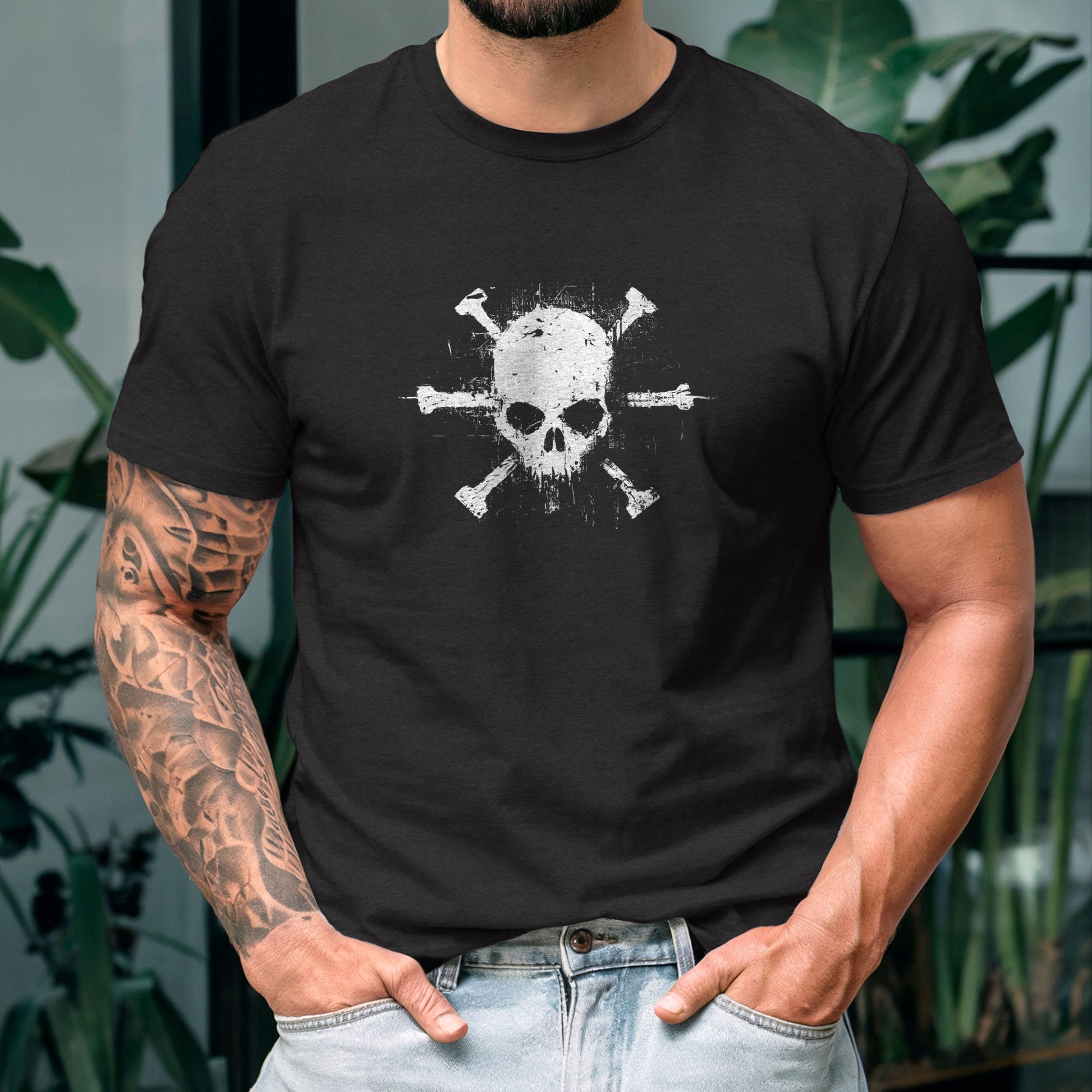 Alternative fashion skull shirt featuring weathered crossbones graphic