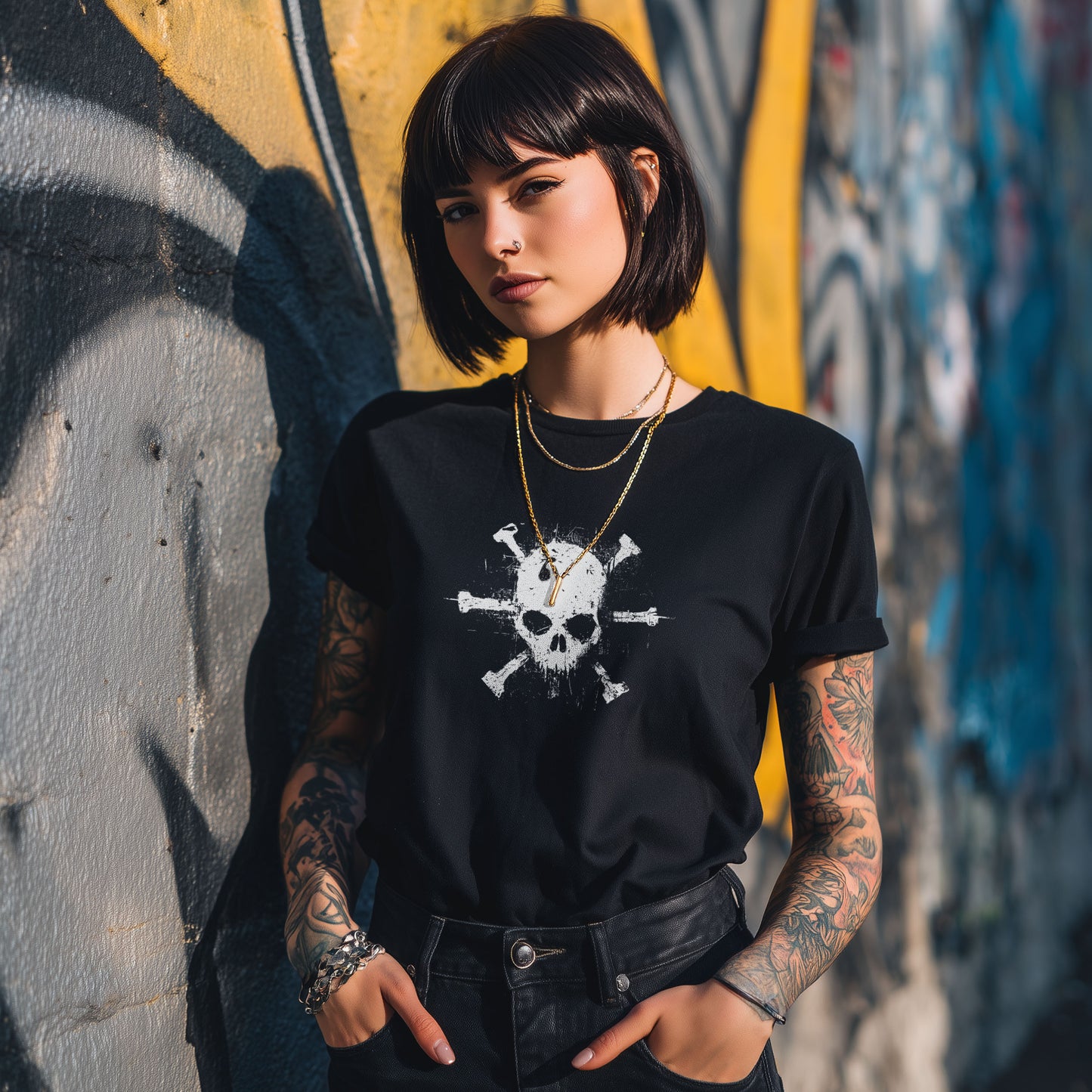 Black gothic skull and crossbones t-shirt with distressed grunge design