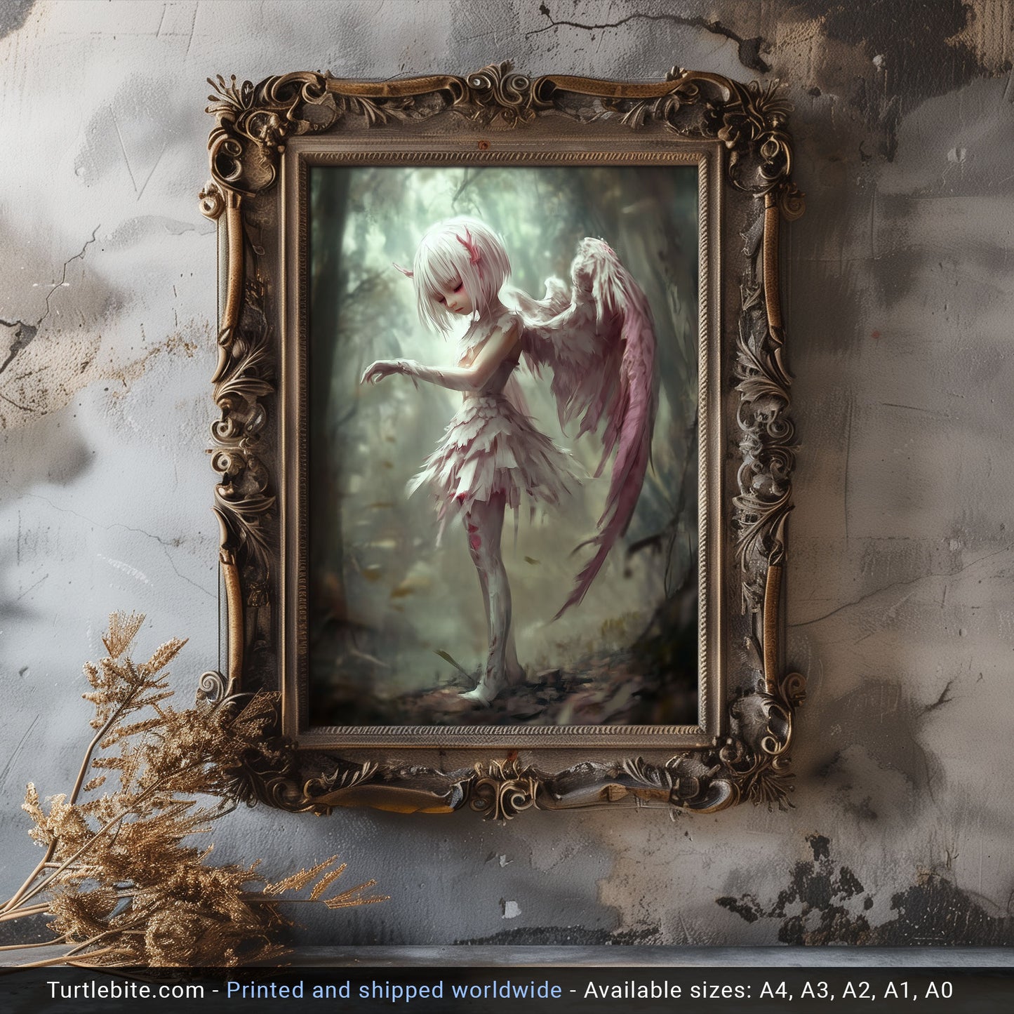 Gothic home decor print of fallen angel with white hair and red accents