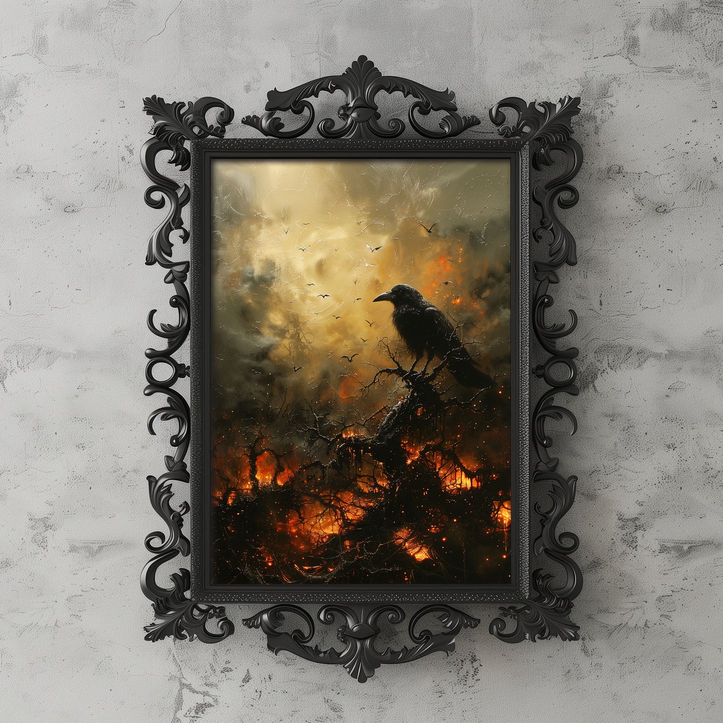 Black Crow in Burning Forest Poster - Creepy Wall Art