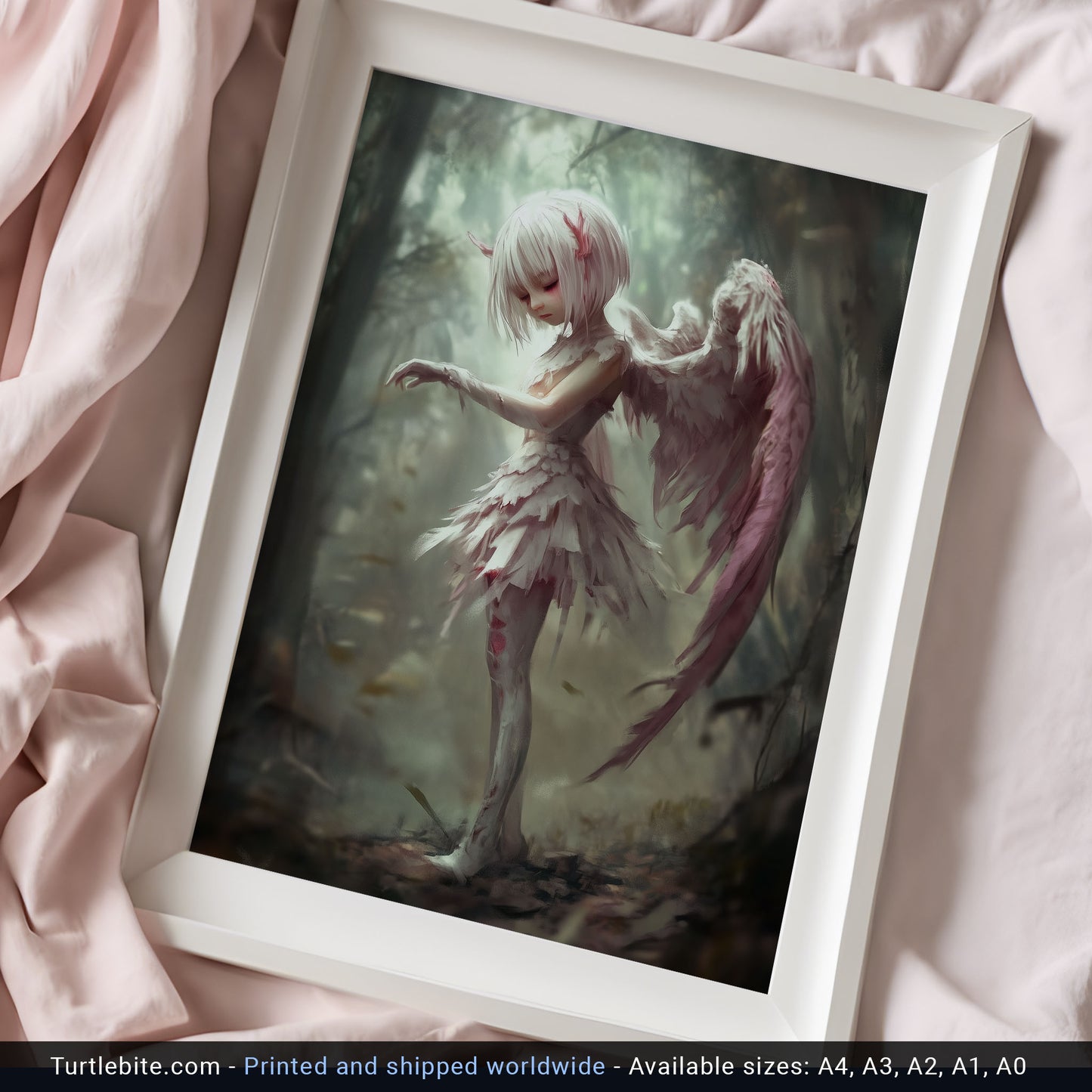 Dark aesthetic bedroom art showing wounded angel in misty forest