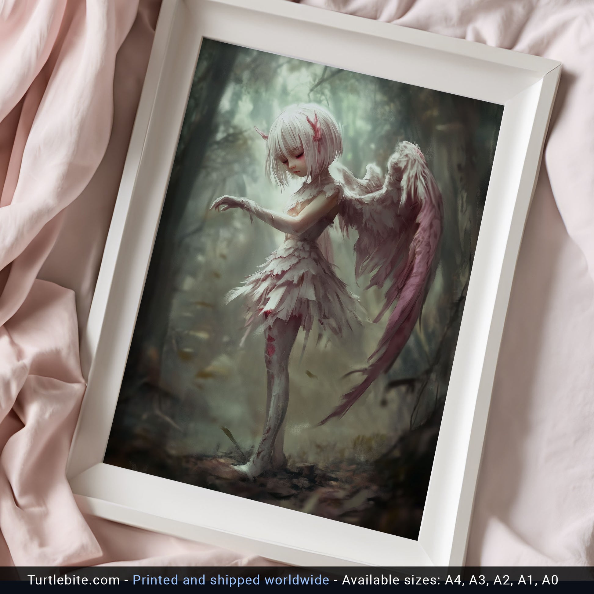 Dark aesthetic bedroom art showing wounded angel in misty forest