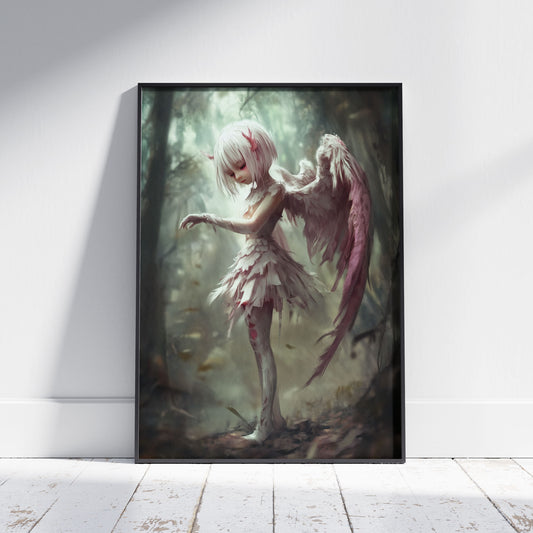 Dark angel art print with white-haired fallen angel in gothic forest setting