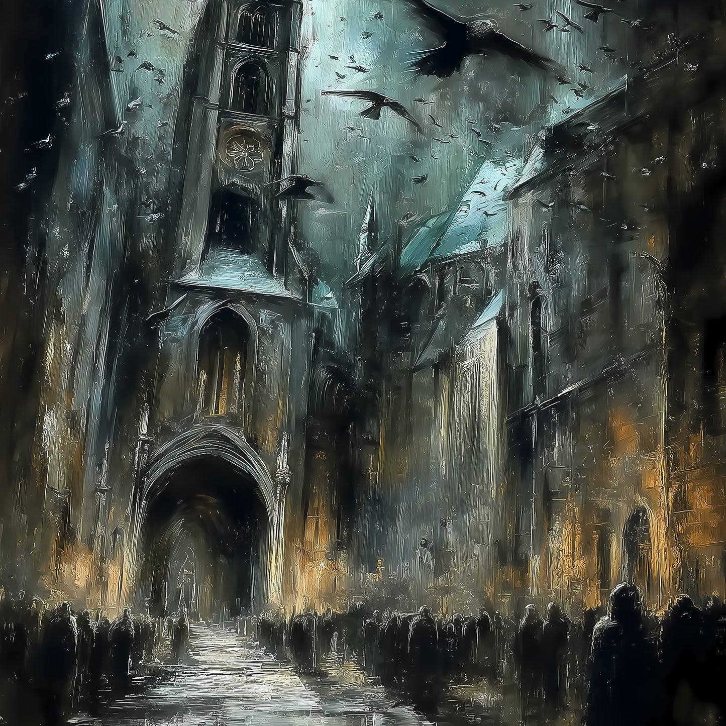 Gothic cathedral art print with crows flying through stormy clouds above shadowy figures