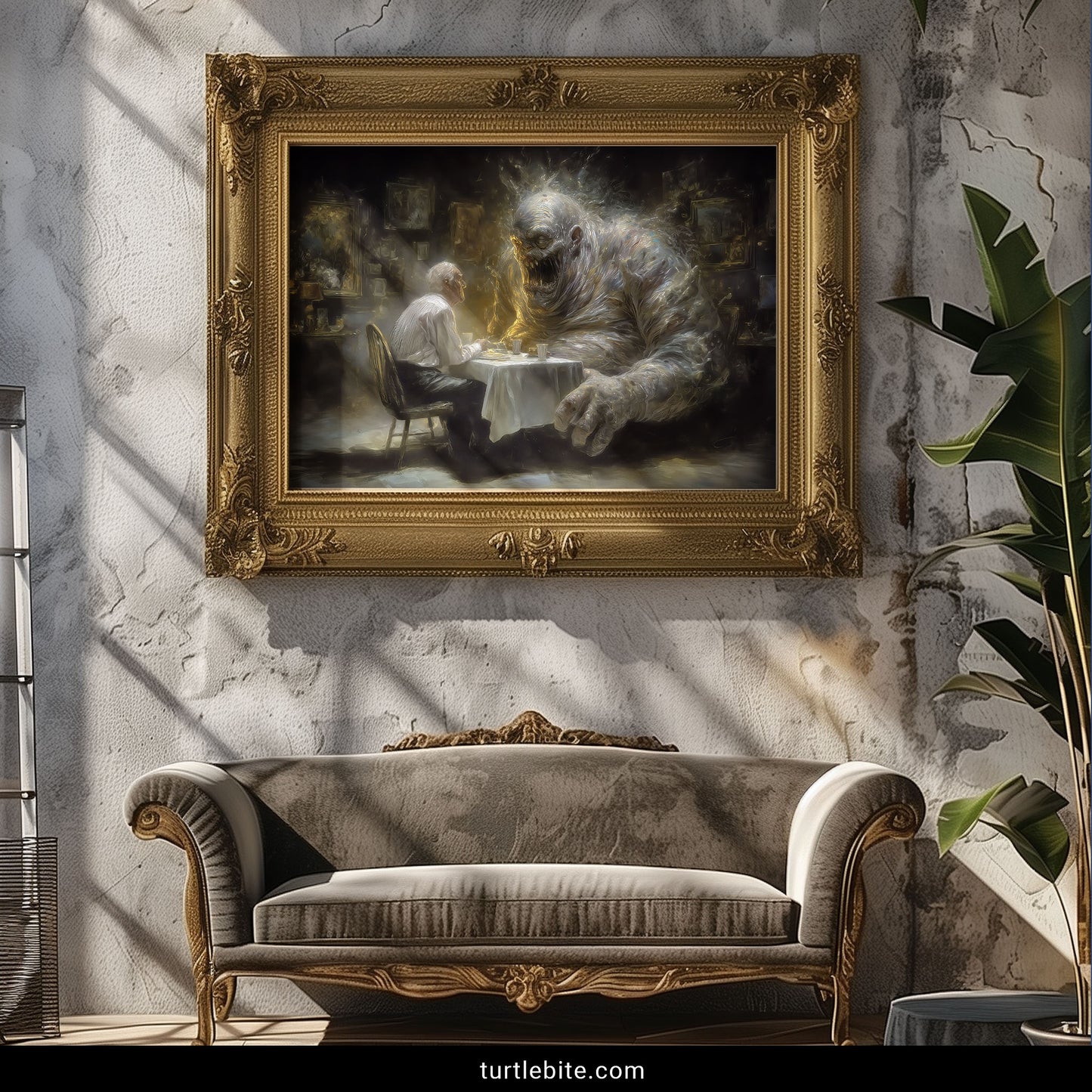 Dark surreal art print showing person dining with massive ghostly monster creature in moody room
