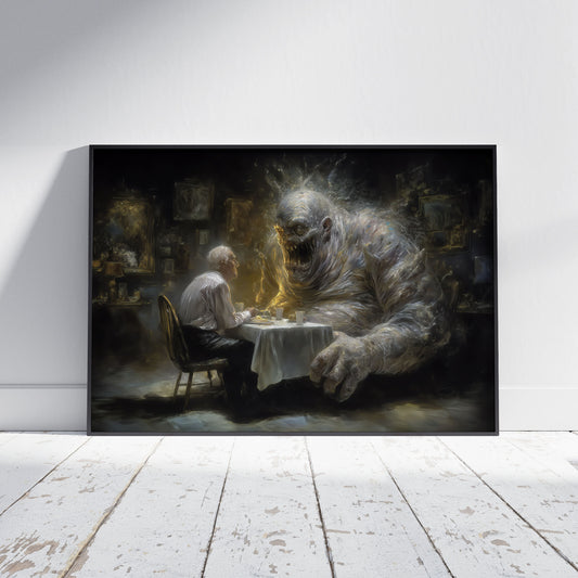 Dark surreal art print showing person dining with massive ghostly monster creature in moody room