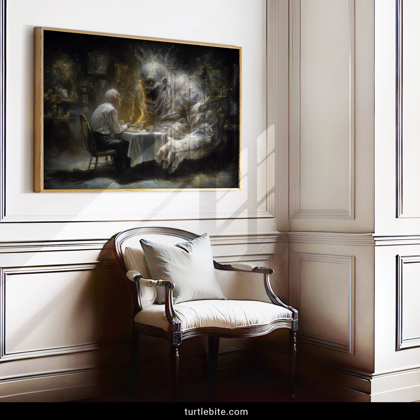 Psychological horror wall art with glowing monster looming over solitary figure at dinner table
