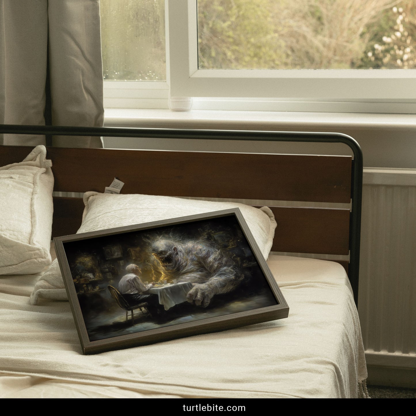 Inner demon art poster featuring ethereal beast and human figure sharing meal in gothic setting