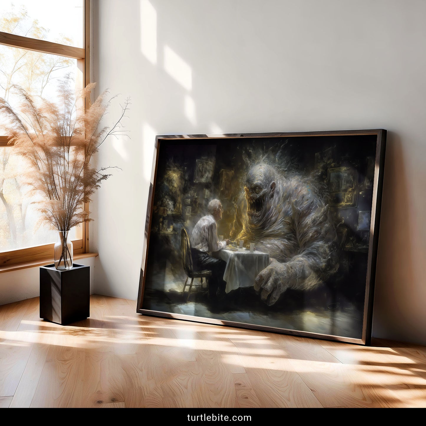 Dark fantasy painting print of supernatural creature and person in haunting atmospheric scene