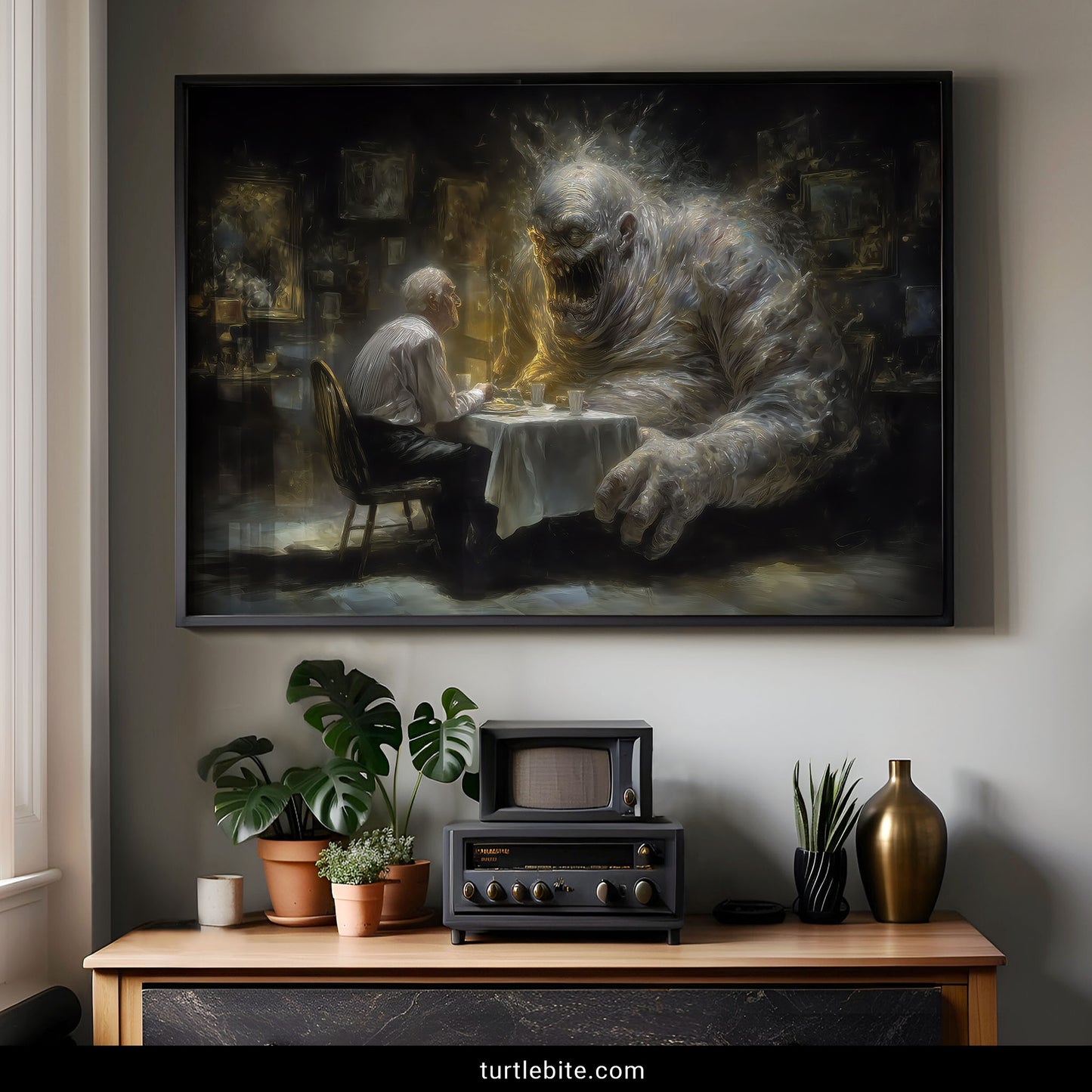 Dark fantasy painting print of supernatural creature and person in haunting atmospheric scene