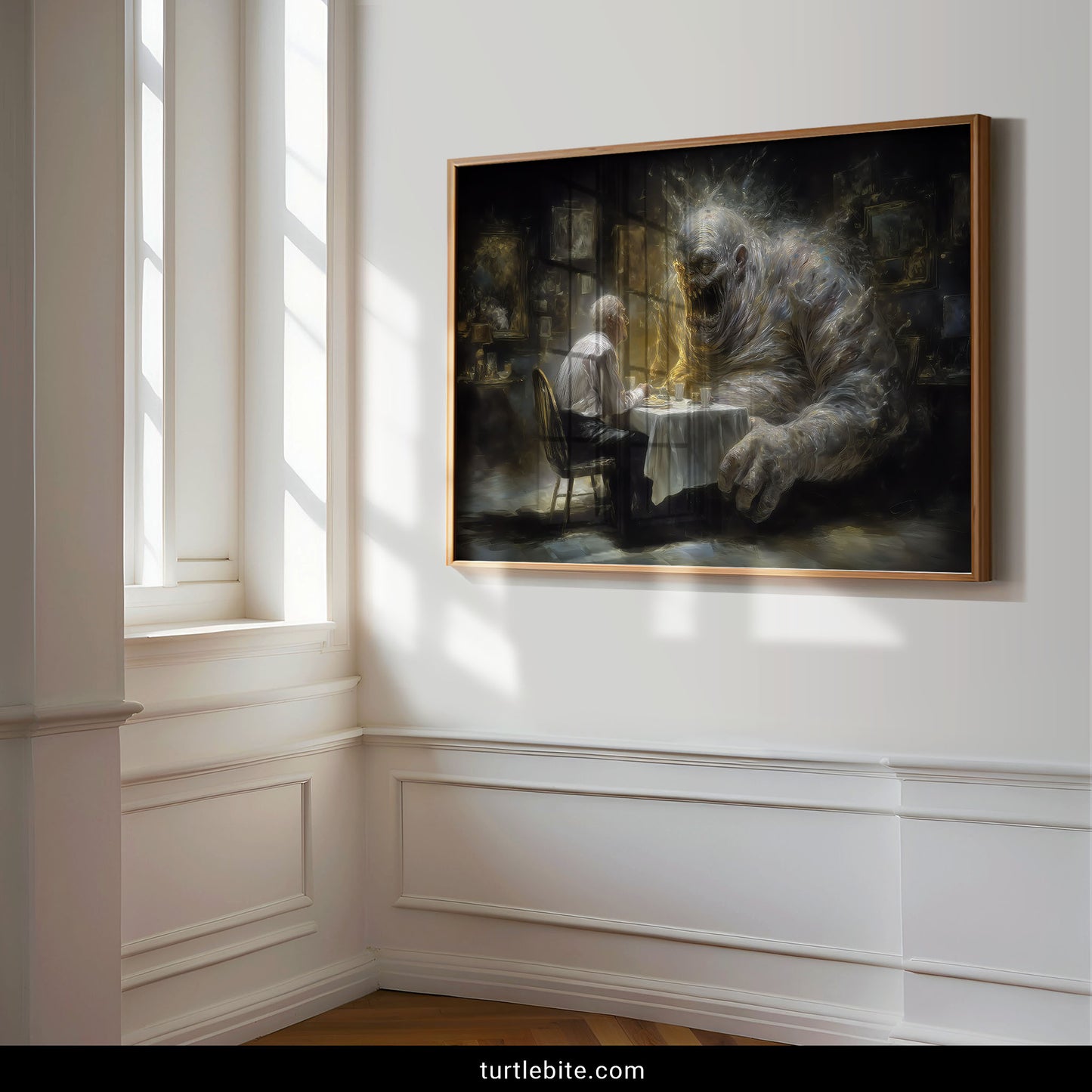 Inner demon art poster featuring ethereal beast and human figure sharing meal in gothic setting