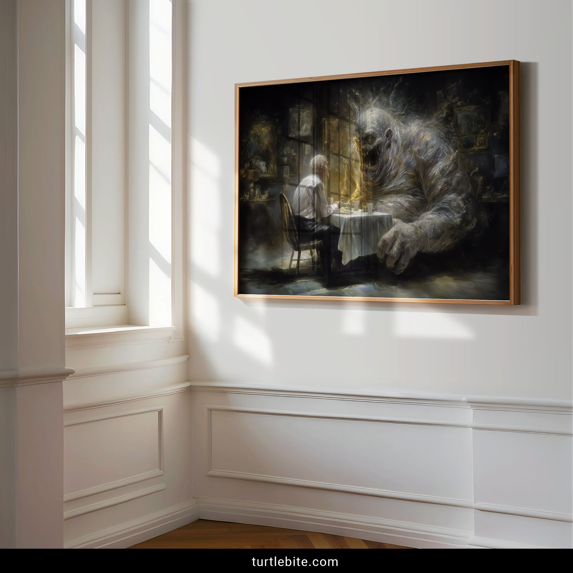 Inner demon art poster featuring ethereal beast and human figure sharing meal in gothic setting