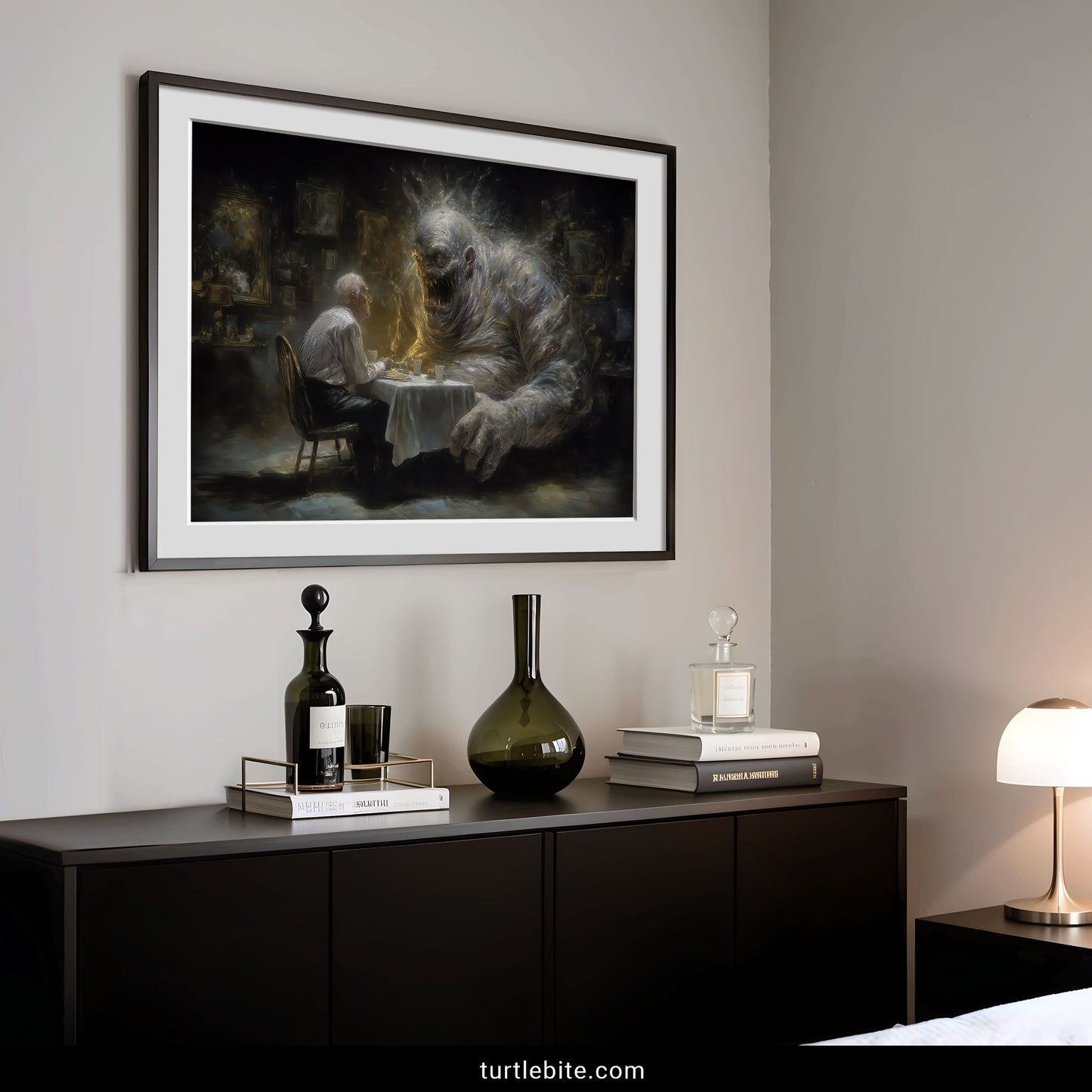 Gothic home decor art depicting symbolic meeting between human and their inner shadow self monster