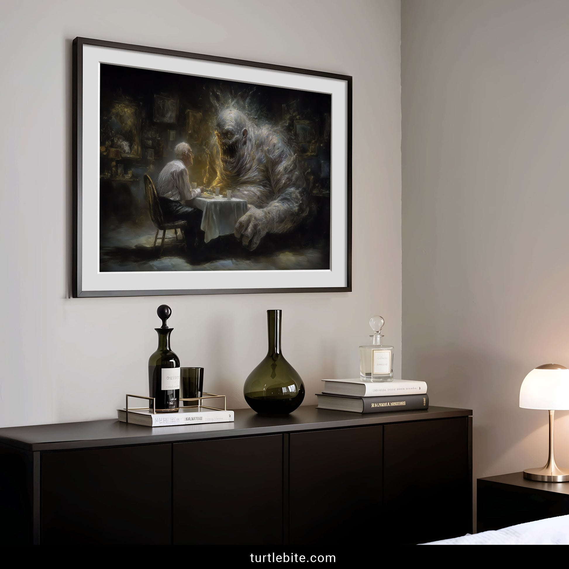 Gothic home decor art depicting symbolic meeting between human and their inner shadow self monster