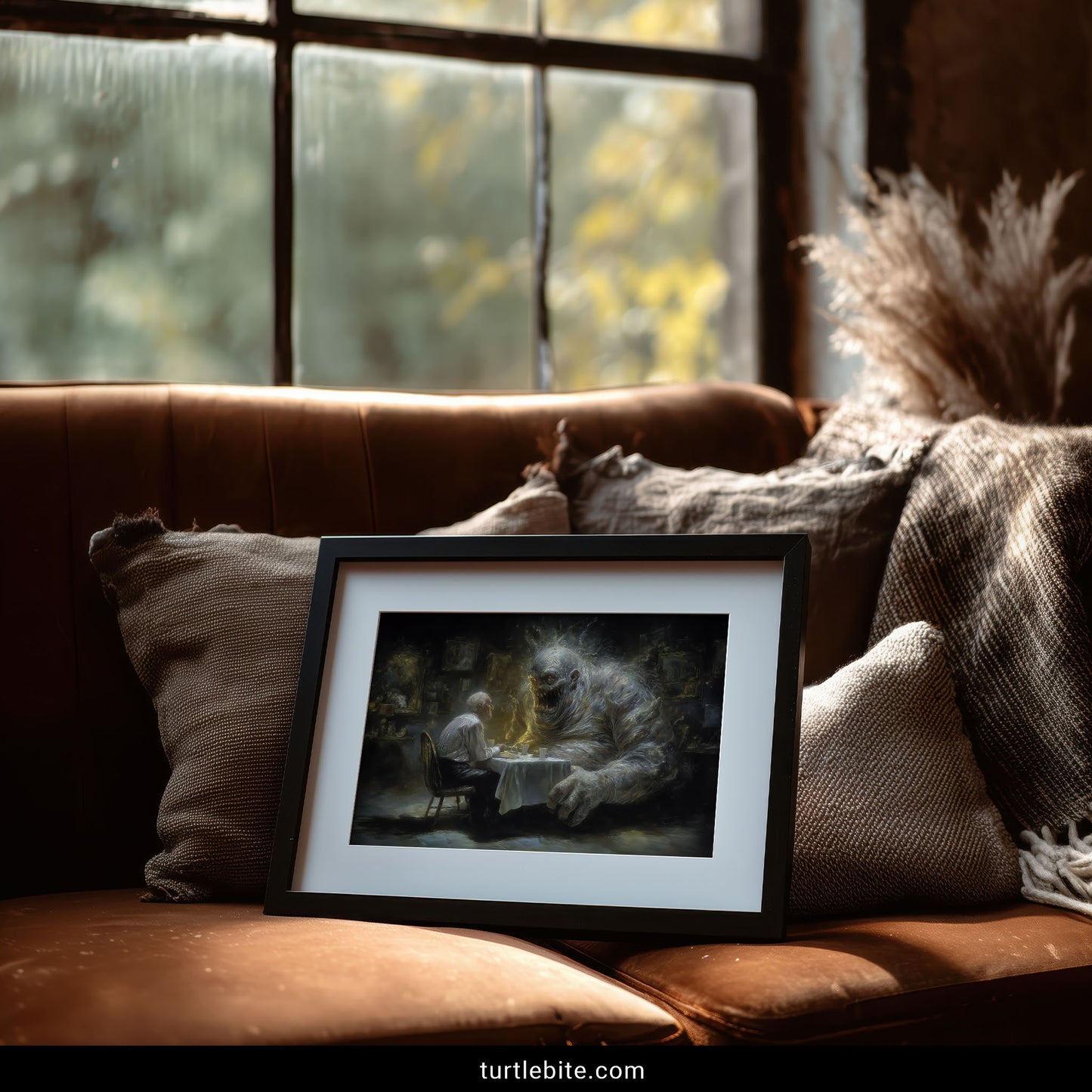 Gothic home decor art depicting symbolic meeting between human and their inner shadow self monster