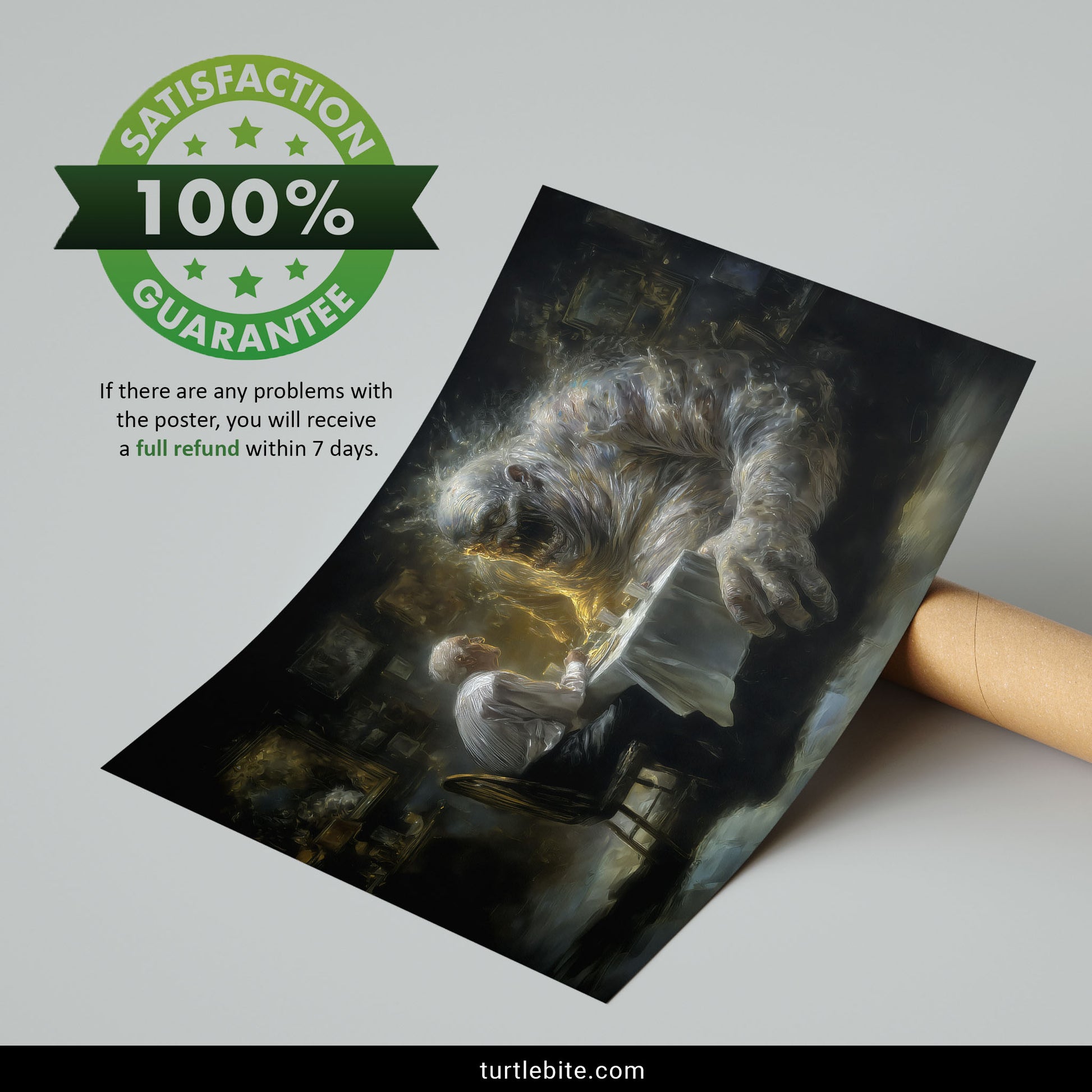 Inner demon art poster featuring ethereal beast and human figure sharing meal in gothic setting