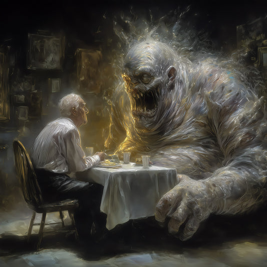 Dark surreal art print showing person dining with massive ghostly monster creature in moody room