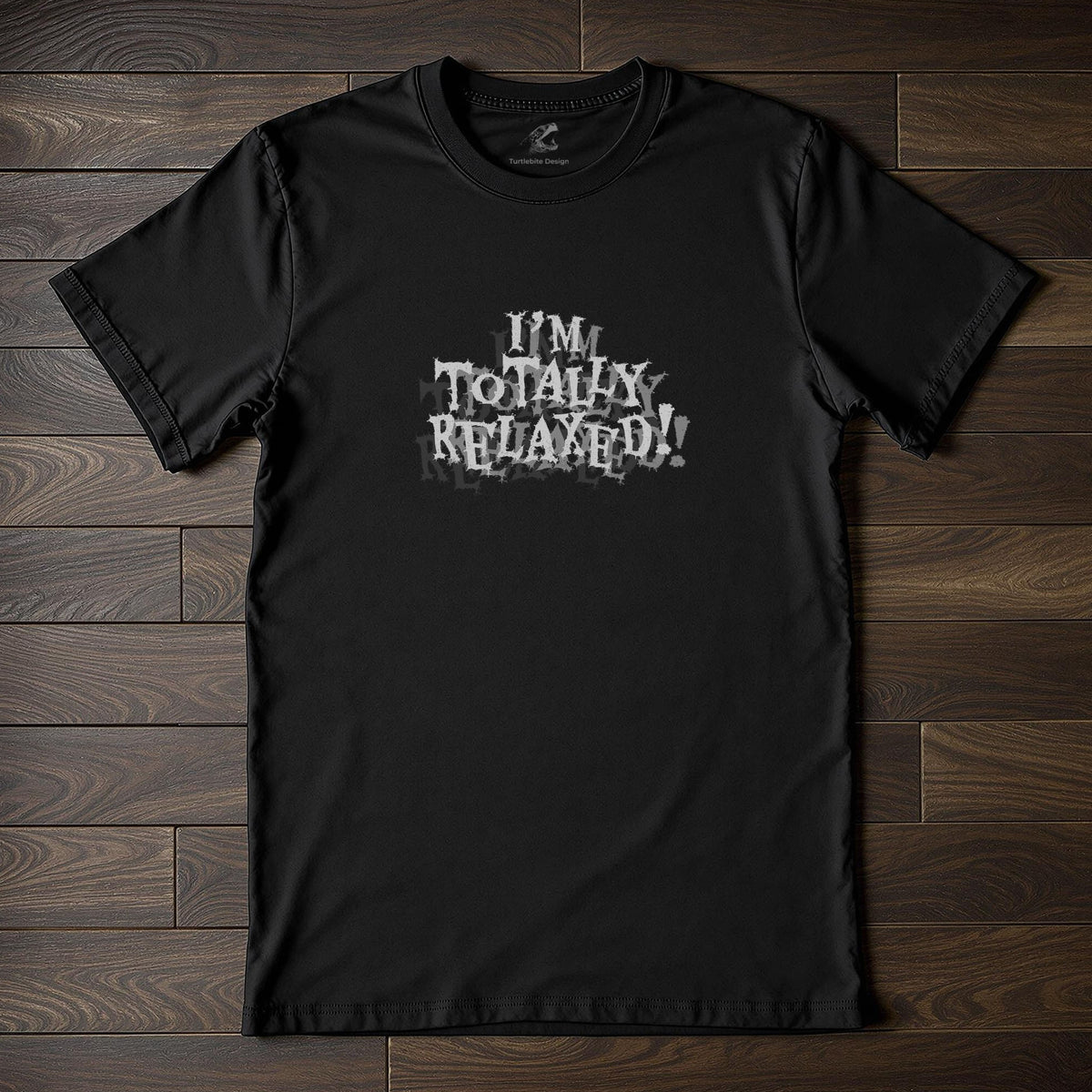 Ironic gothic tee design featuring distressed horror font lettering with a ghosted grayscale effect
