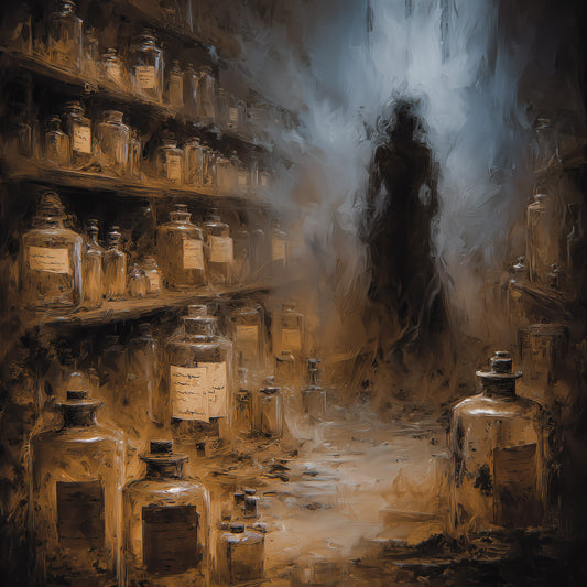 Gothic art print featuring dark alchemy laboratory with glowing soul bottles and mysterious hooded figure in atmospheric mist