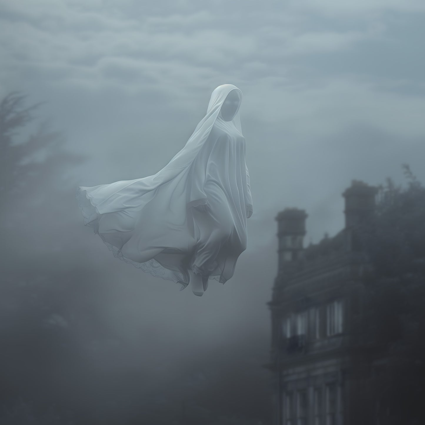 Eerie Floating Ghost Wall Art - Haunted Castle Poster Print