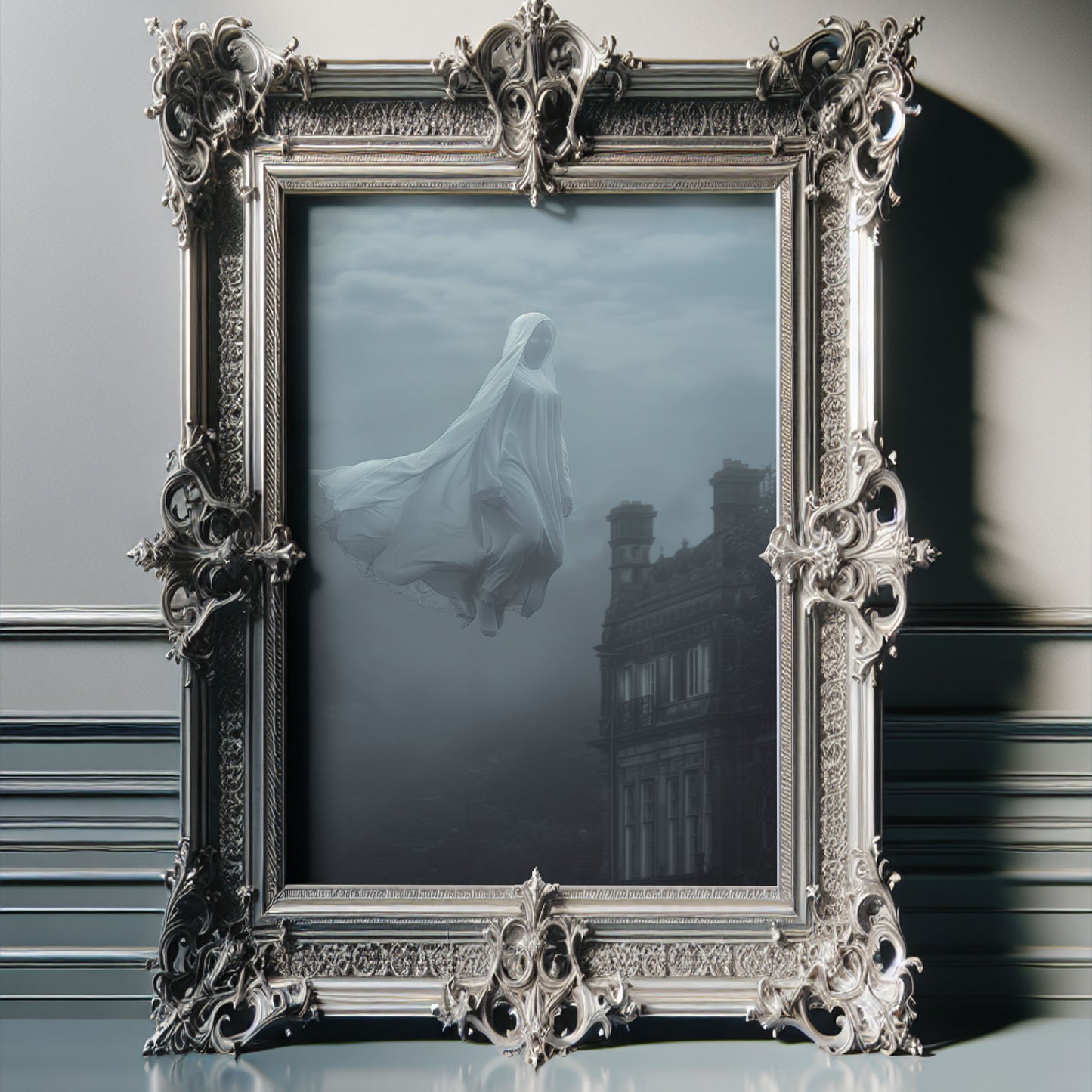 Eerie Floating Ghost Wall Art - Haunted Castle Poster Print