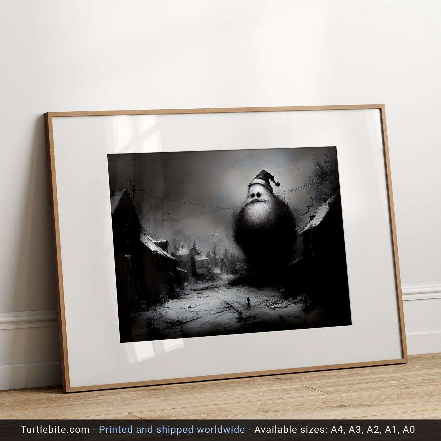 Lonely Santa Claus Illustration - Unique Melancholic Christmas Decor - Moody Black and White Painting Poster